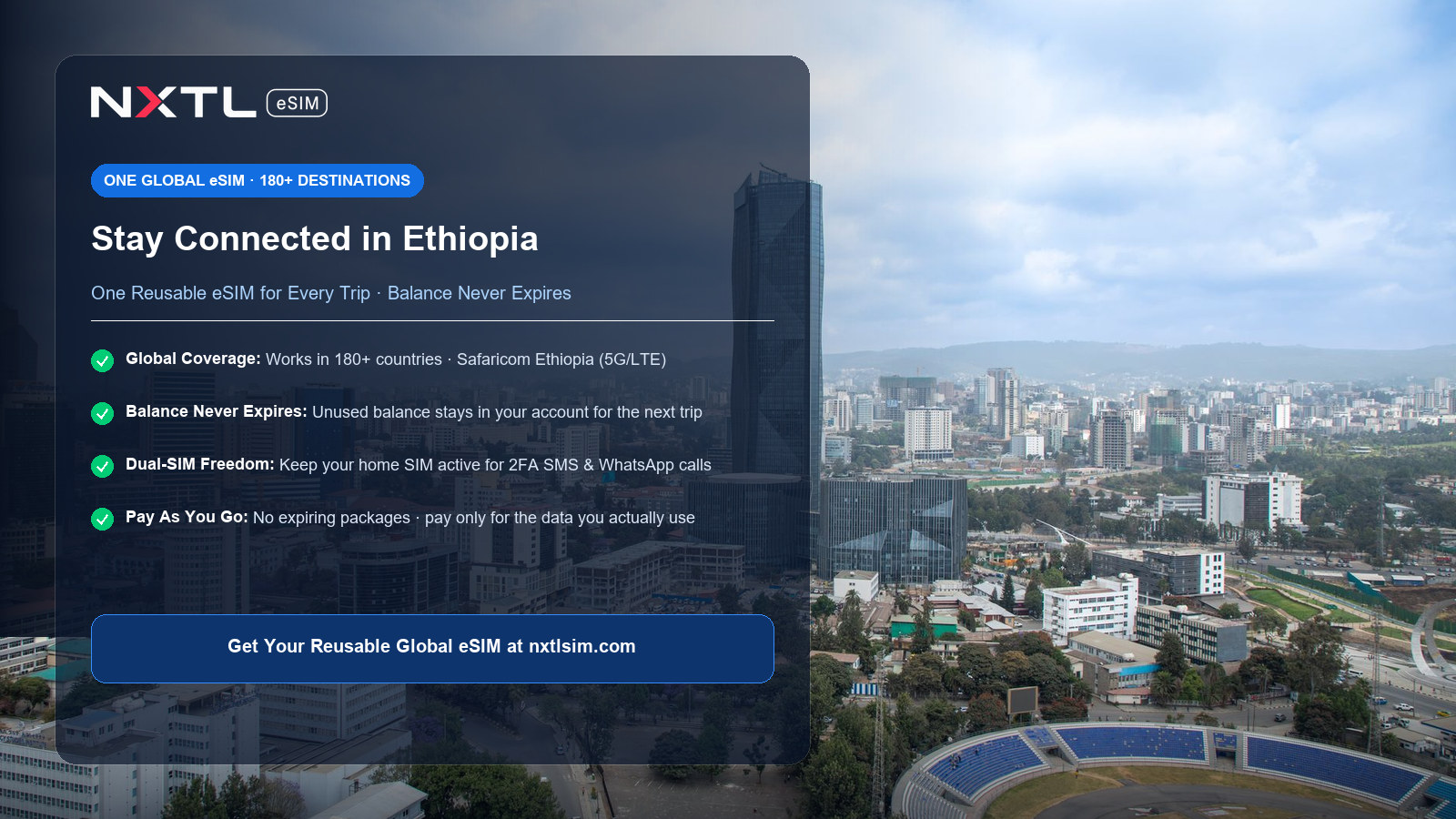 NXTL Ethiopia Travel eSIM mobile data card featuring 4G and 5G network coverage on Safaricom with non-expiring balance