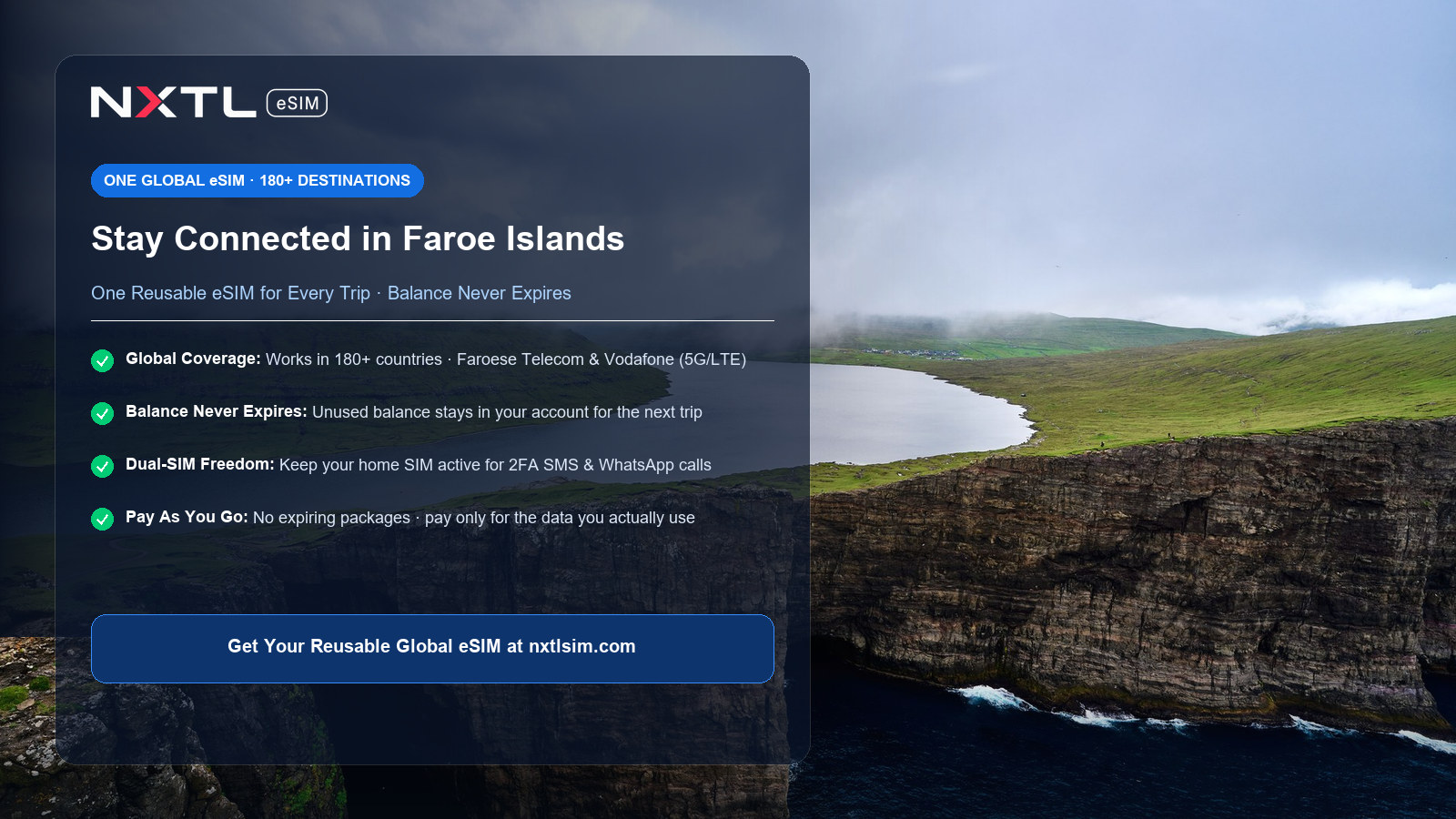 NXTL Faroe Islands Travel eSIM mobile data card featuring high speed 5G and LTE coverage on Faroese Telecom and Vodafone