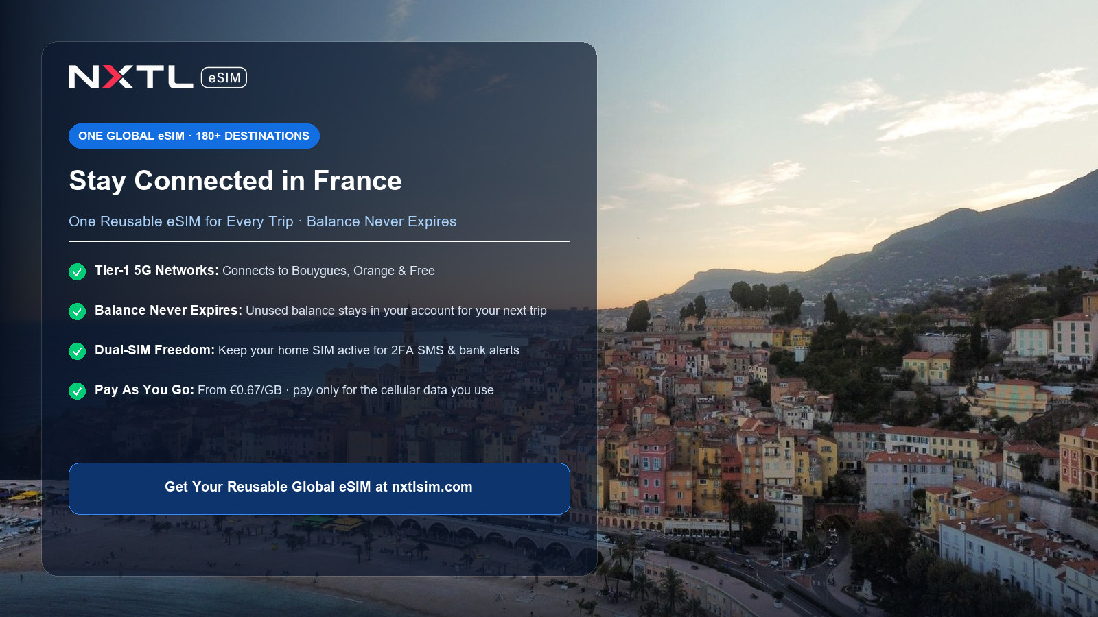 NXTL Global eSIM — one reusable eSIM for 180+ countries with high-speed data across France