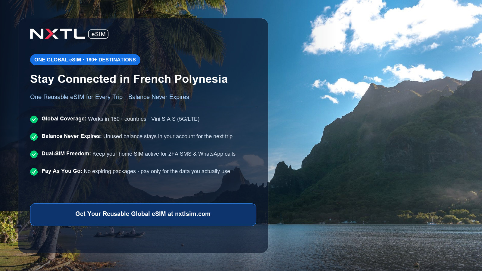 NXTL French Polynesia Travel eSIM card showing fast 5G and LTE mobile data connectivity on the Vini network