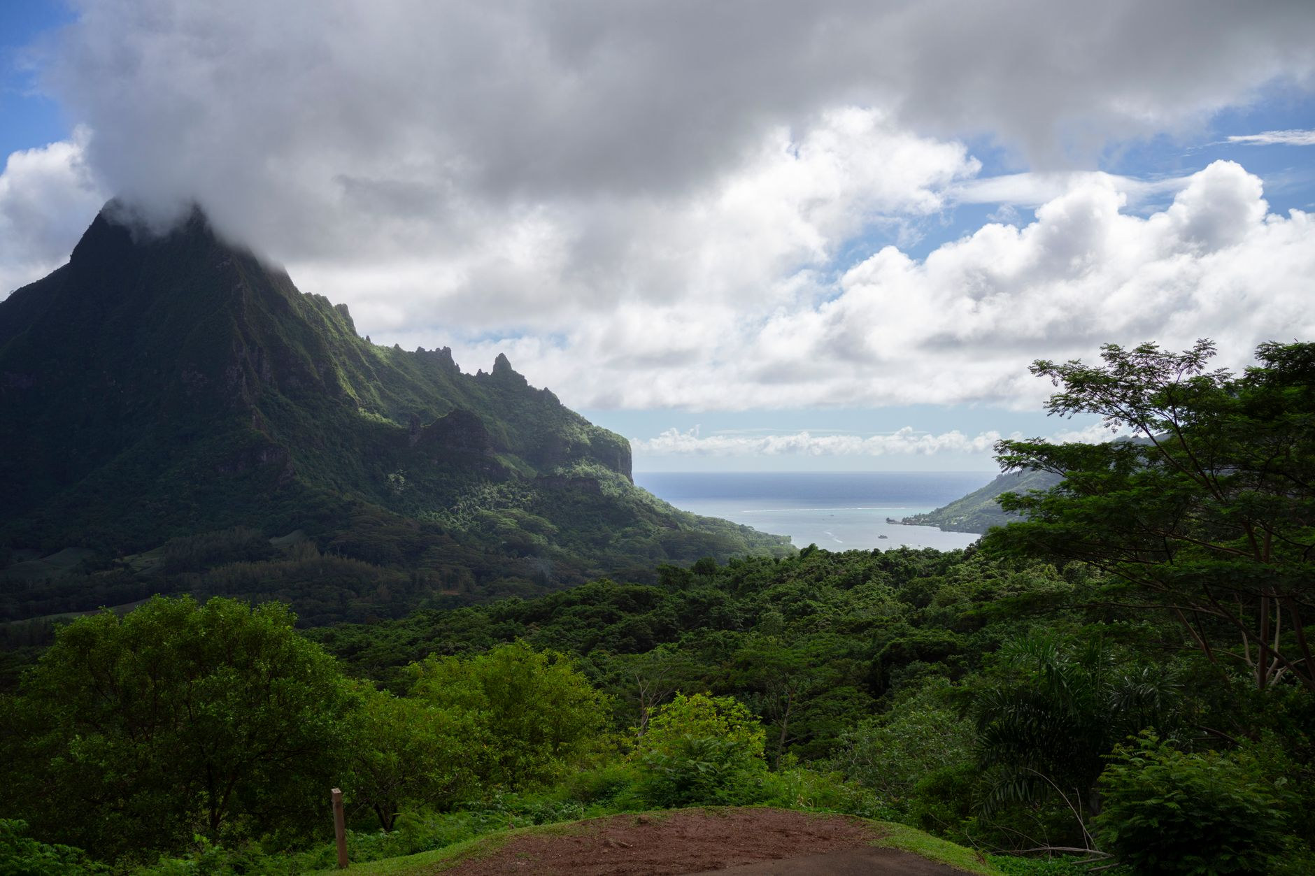 Panoramic vista from the Belvedere Lookout toward Mount Rotui dividing Cook's Bay and Opunohu Bay
