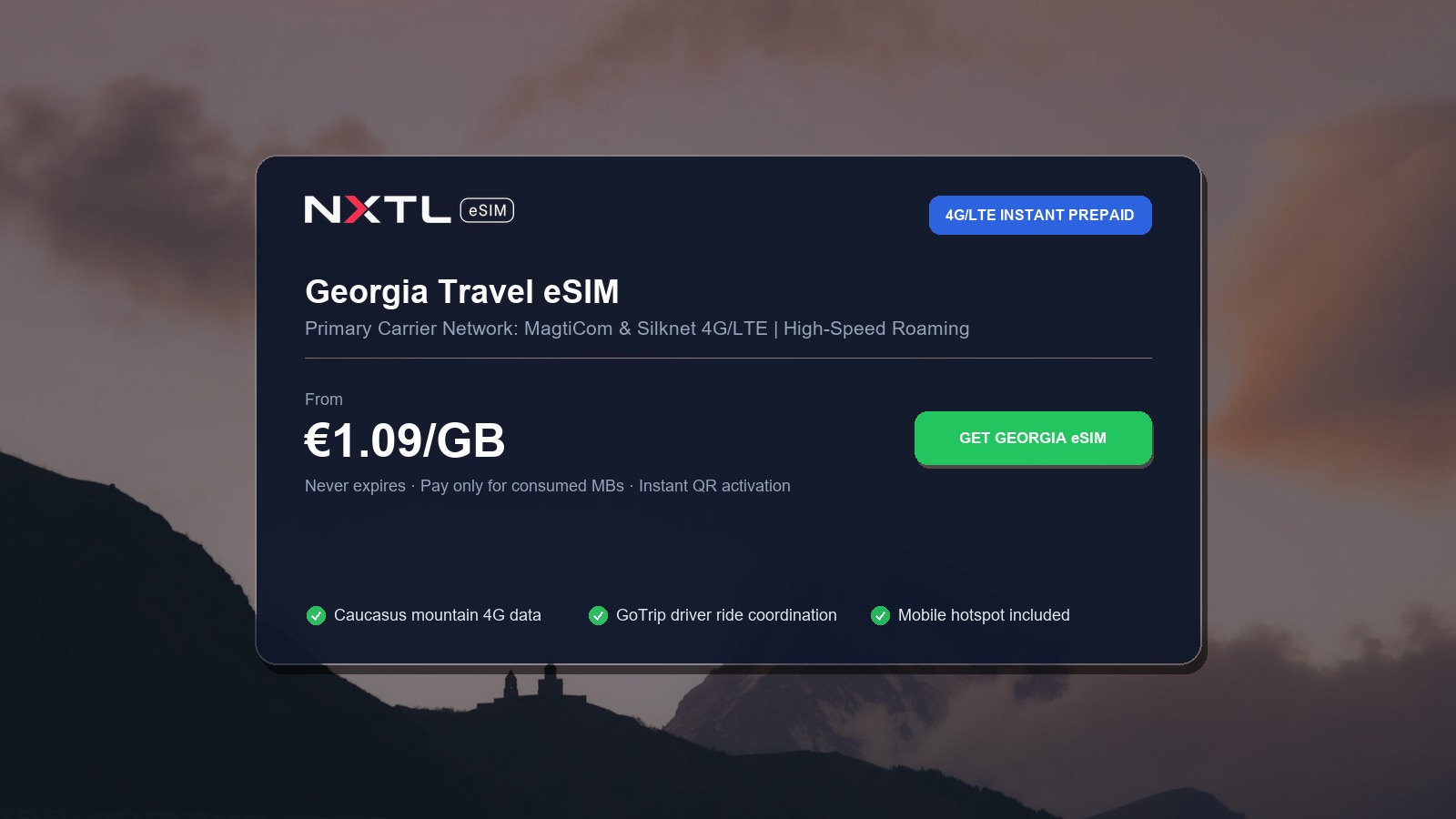 NXTL Global eSIM — one reusable eSIM for 180+ countries with high-speed data across Georgia