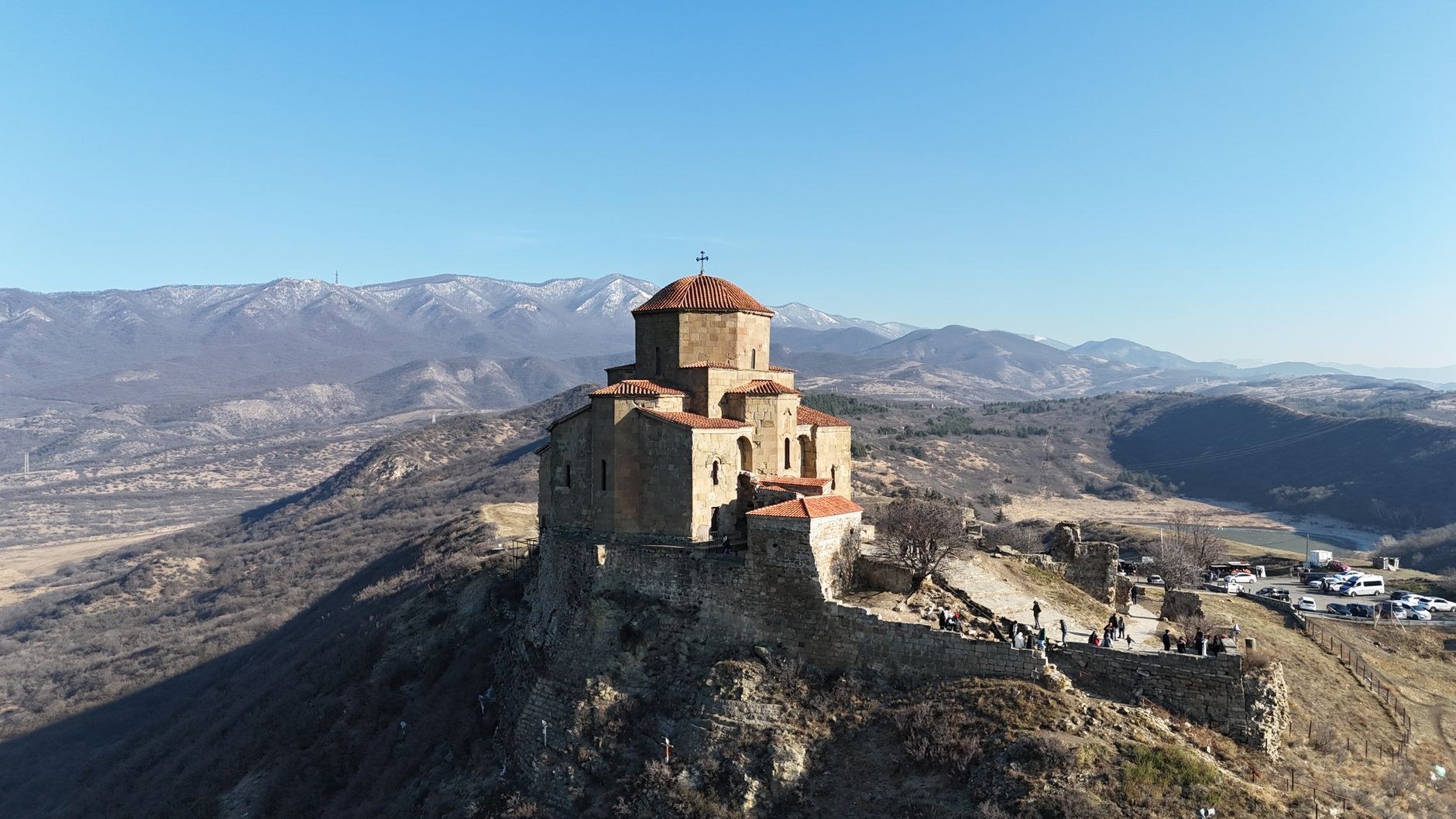 6th-century stone Jvari Monastery perched on a hill above the dramatic confluence of the Mtkvari and Aragvi rivers in Mtskheta