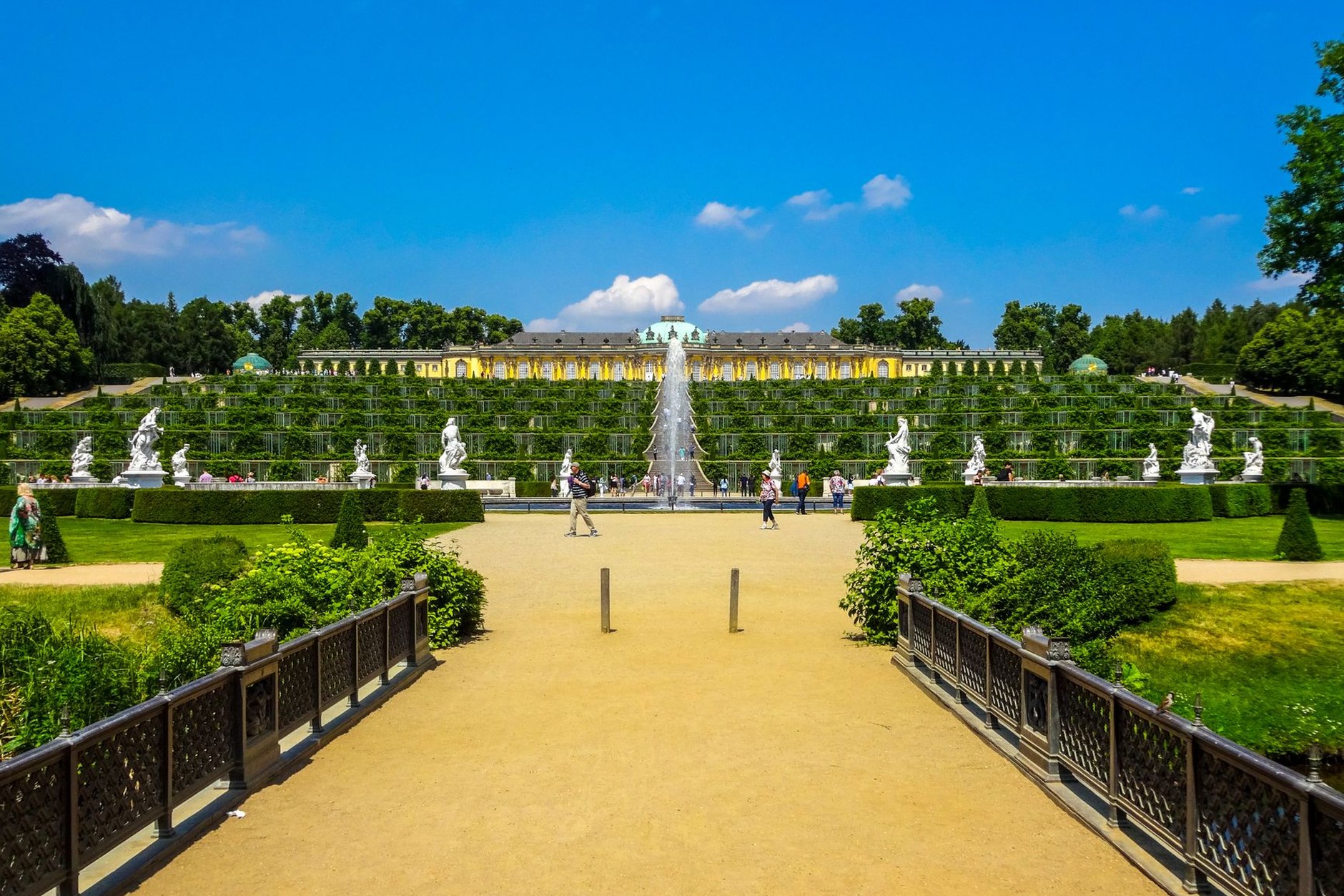 The terraced vineyard gardens and rococo facade of Sanssouci Palace in Potsdam