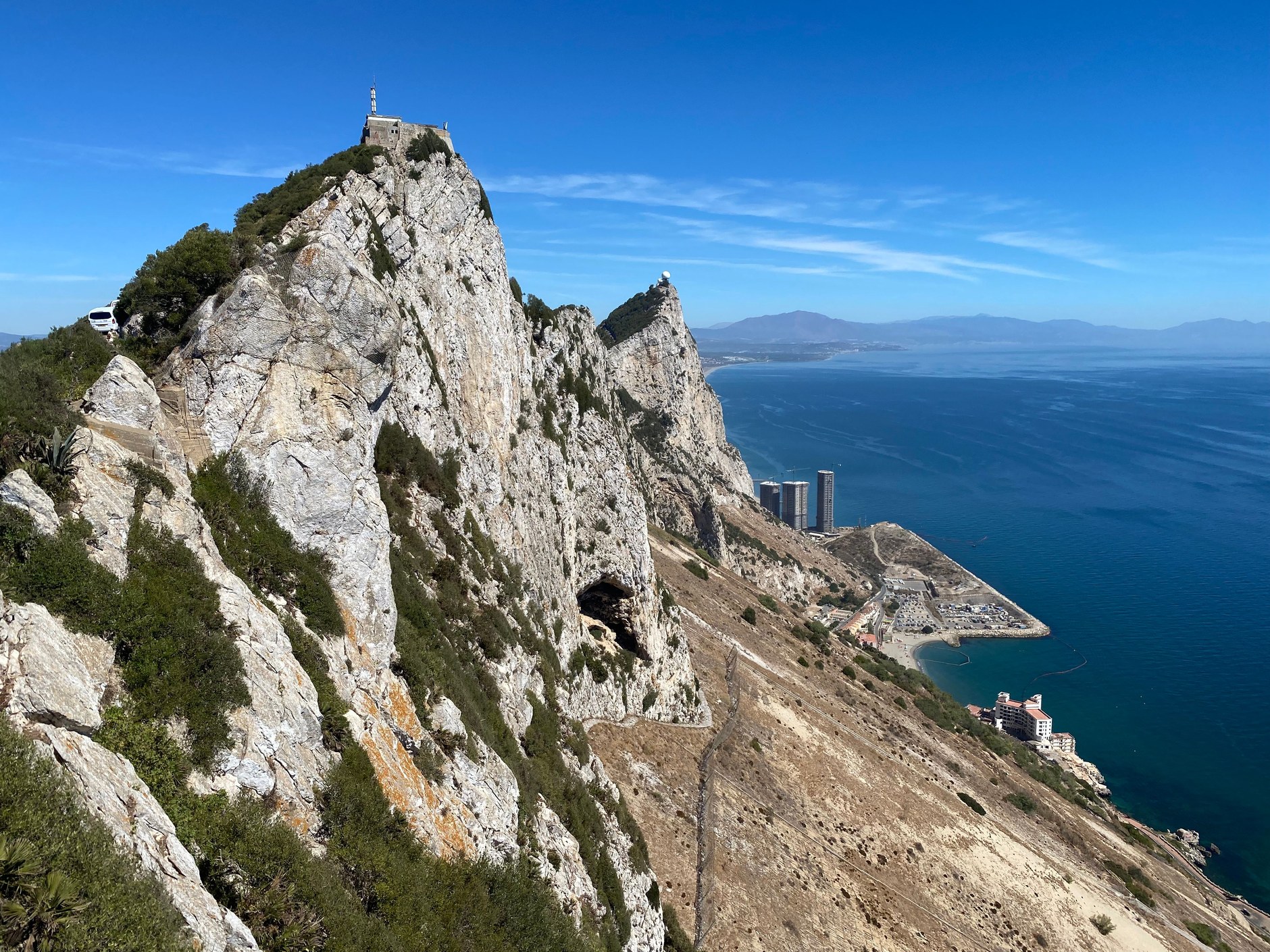Elevated view from the crest of the Rock of Gibraltar looking out across the Mediterranean coastline