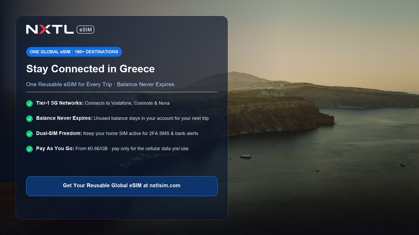 NXTL Global eSIM — one reusable eSIM for 180+ countries with high-speed data across Greece