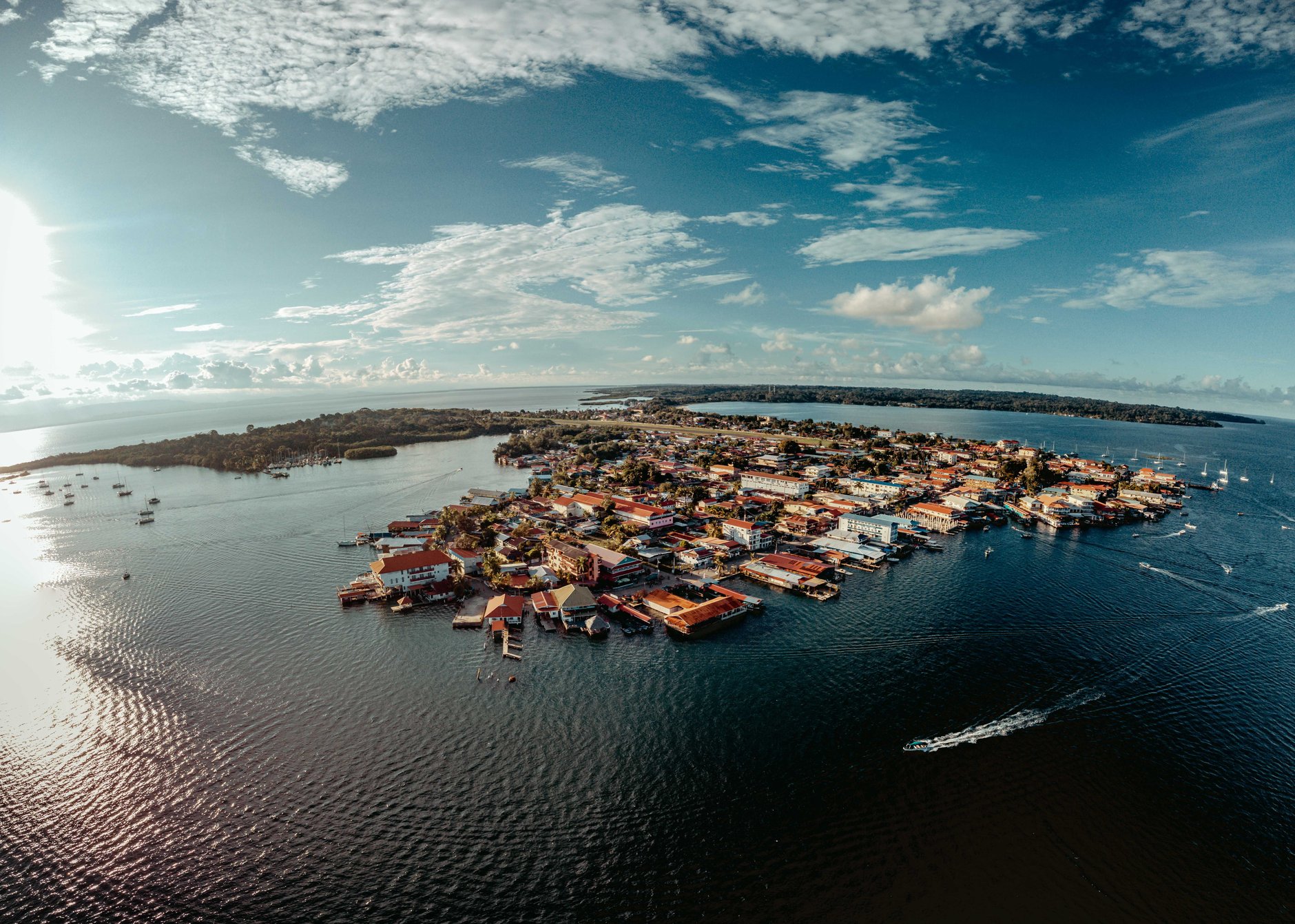 Aerial view of the colorful colonial island town of Flores situated in the calm waters of Lake Peten Itza in northern Guatemala