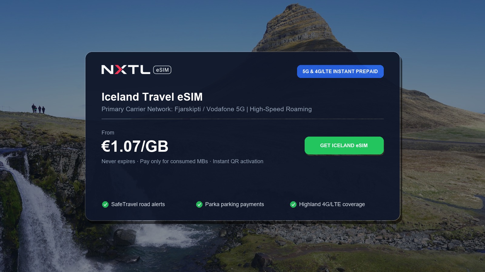 NXTL Iceland prepaid travel eSIM high-speed coverage options across Route 1 Ring Road