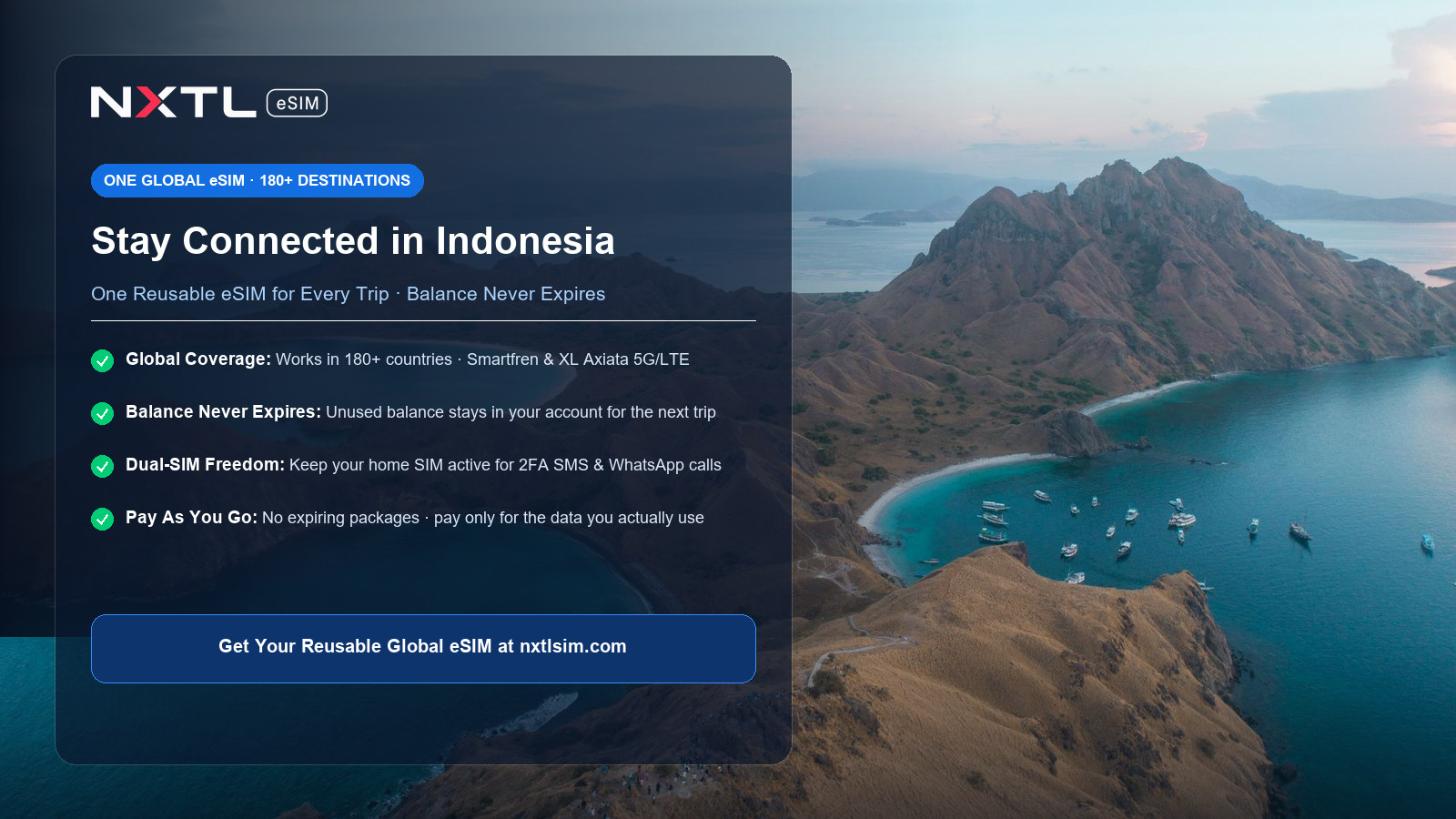 NXTL Global eSIM — one reusable eSIM for 180+ countries with high-speed data across Indonesia