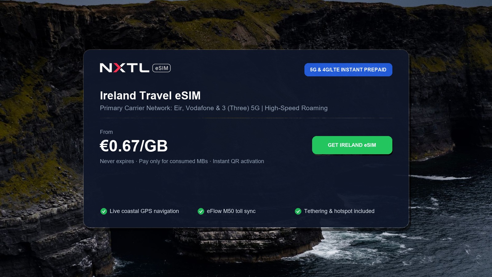 NXTL Ireland prepaid travel eSIM data package options and instant 5G cellular network connectivity across County Clare and Dublin