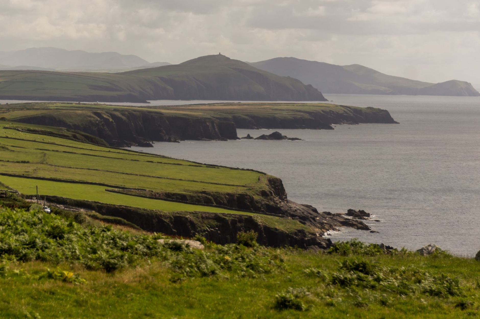 Rugged coastal bluffs and emerald green pastures along Slea Head Drive on the Dingle Peninsula