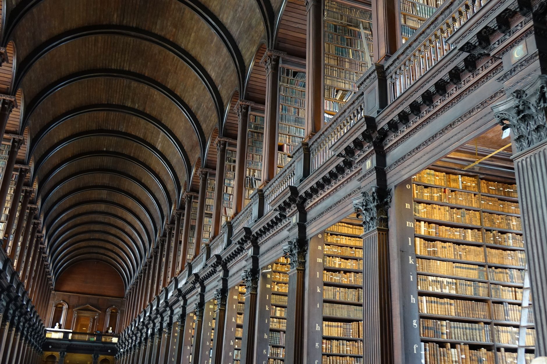 Vaulted wooden barrel ceiling and historic oak bookshelves inside the Trinity College Long Room library in Dublin