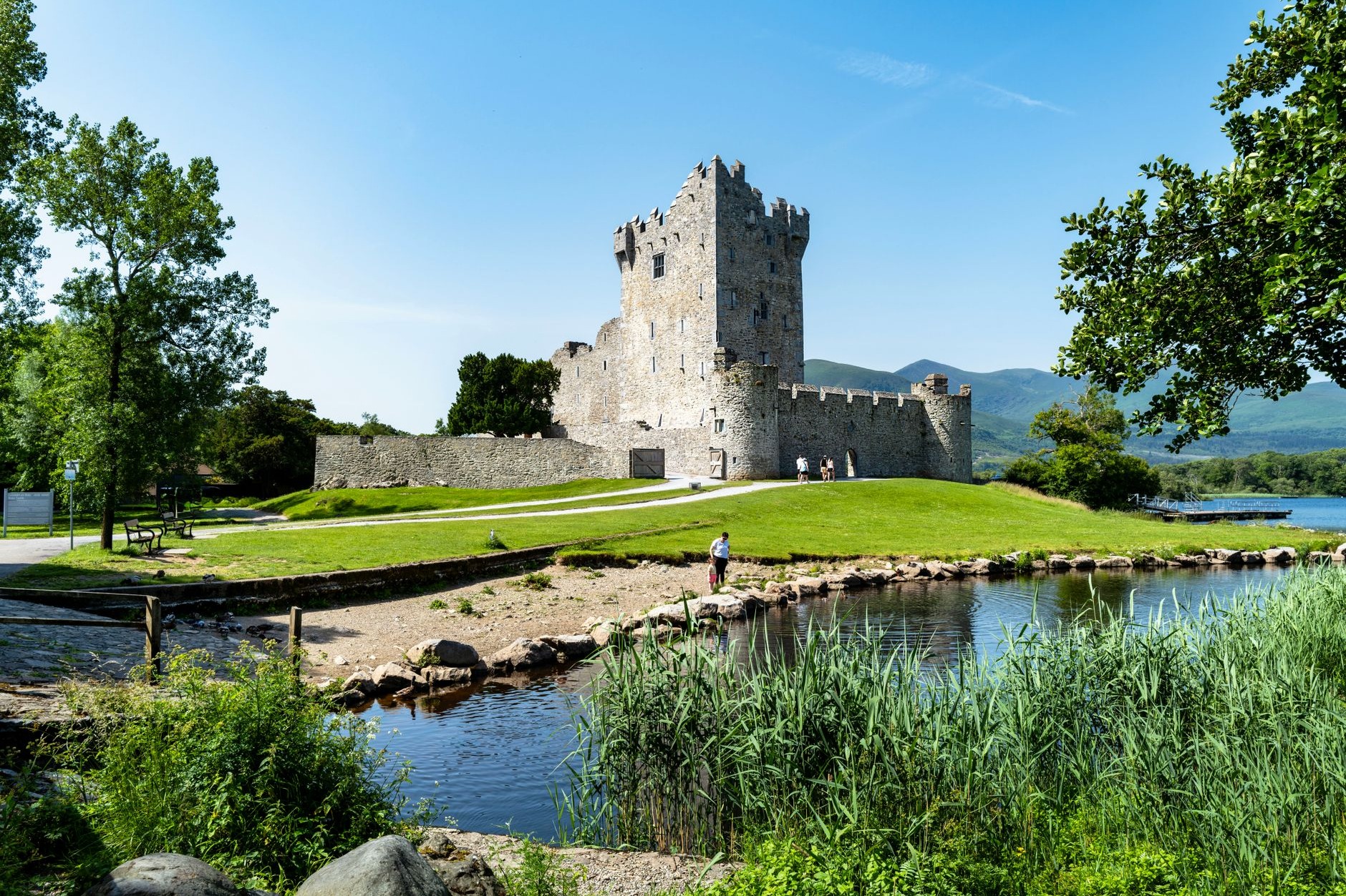 Historic 15th-century stone tower of Ross Castle situated on the scenic edge of Lough Leane in Killarney