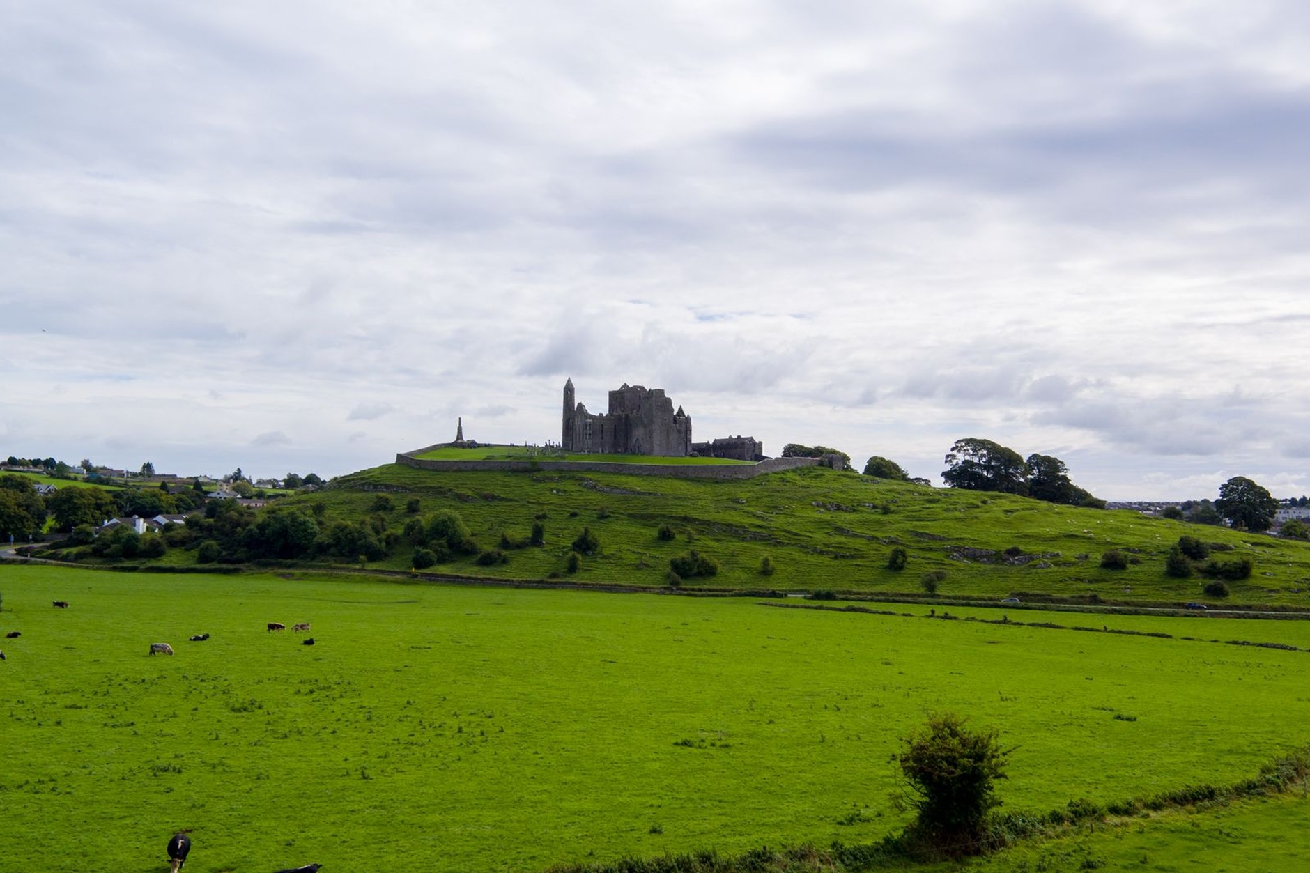 Ancient stone Gothic cathedral and round tower ruins perched atop the Rock of Cashel limestone hill