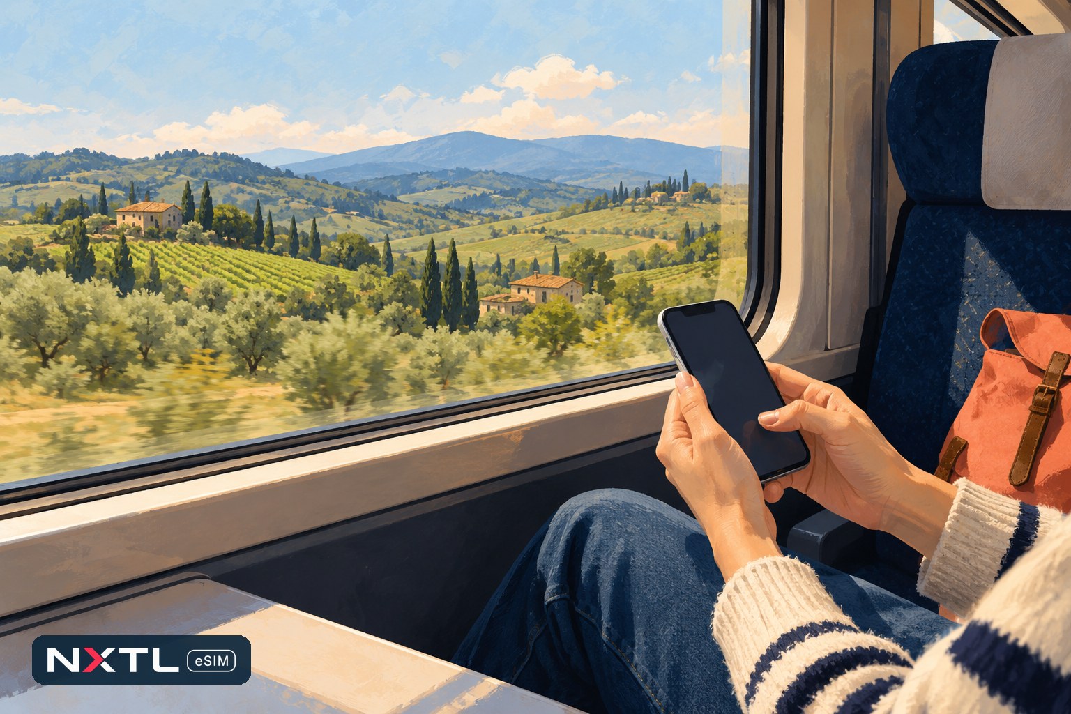 Editorial illustration of a traveler using a phone beside a train window; stylized countryside outside