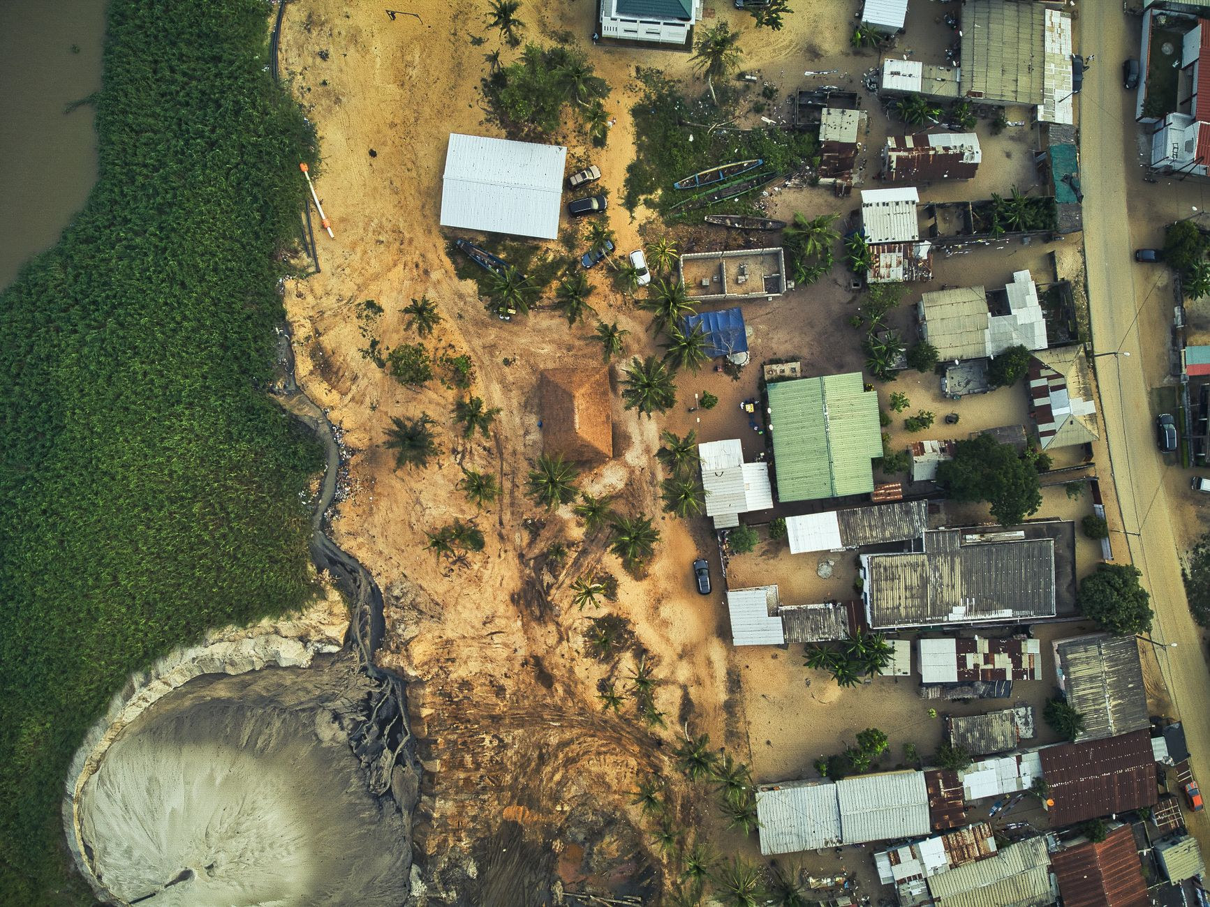 Aerial view of the historic colonial district and sand spit of Grand-Bassam in Cote d'Ivoire