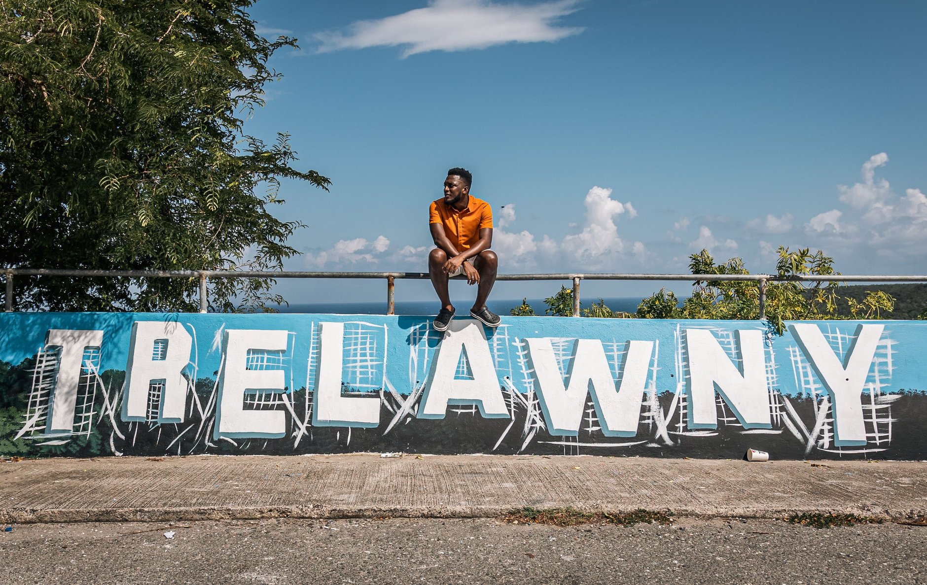 Historic downtown Kingston street with colorful reggae music cultural murals and historic architecture