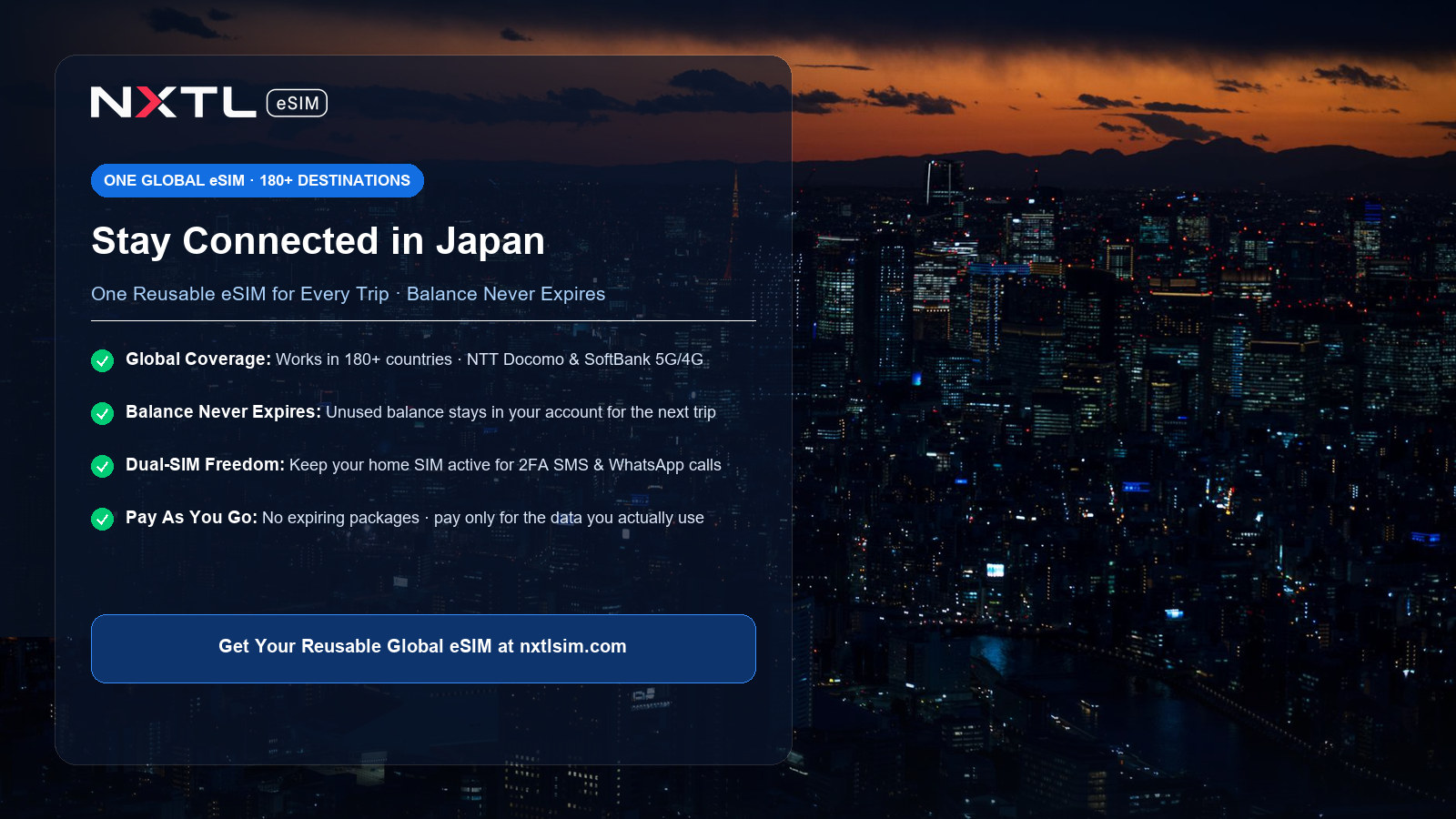NXTL Global eSIM — one reusable eSIM for 180+ countries with high-speed data across Japan