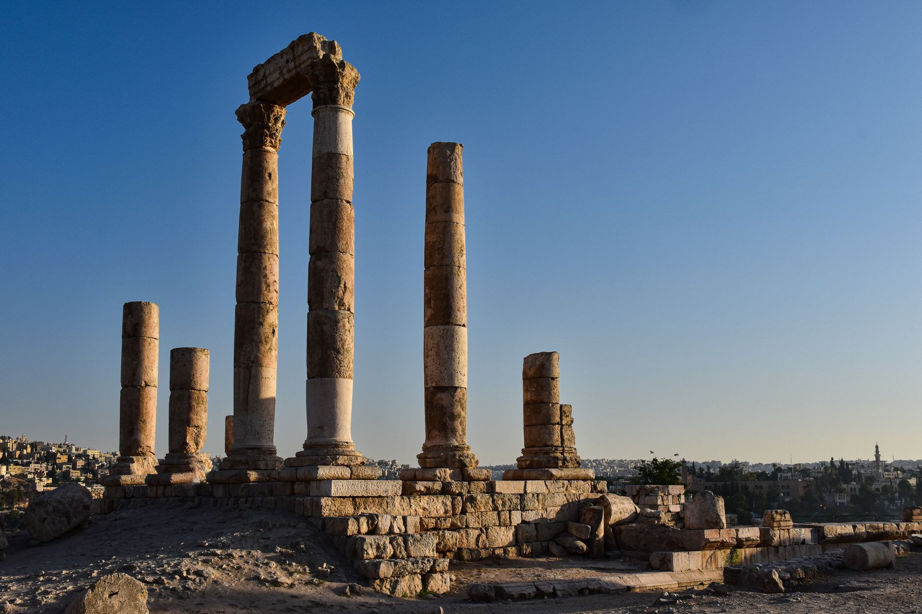 Roman Temple of Hercules pillars overlooking modern Amman hills