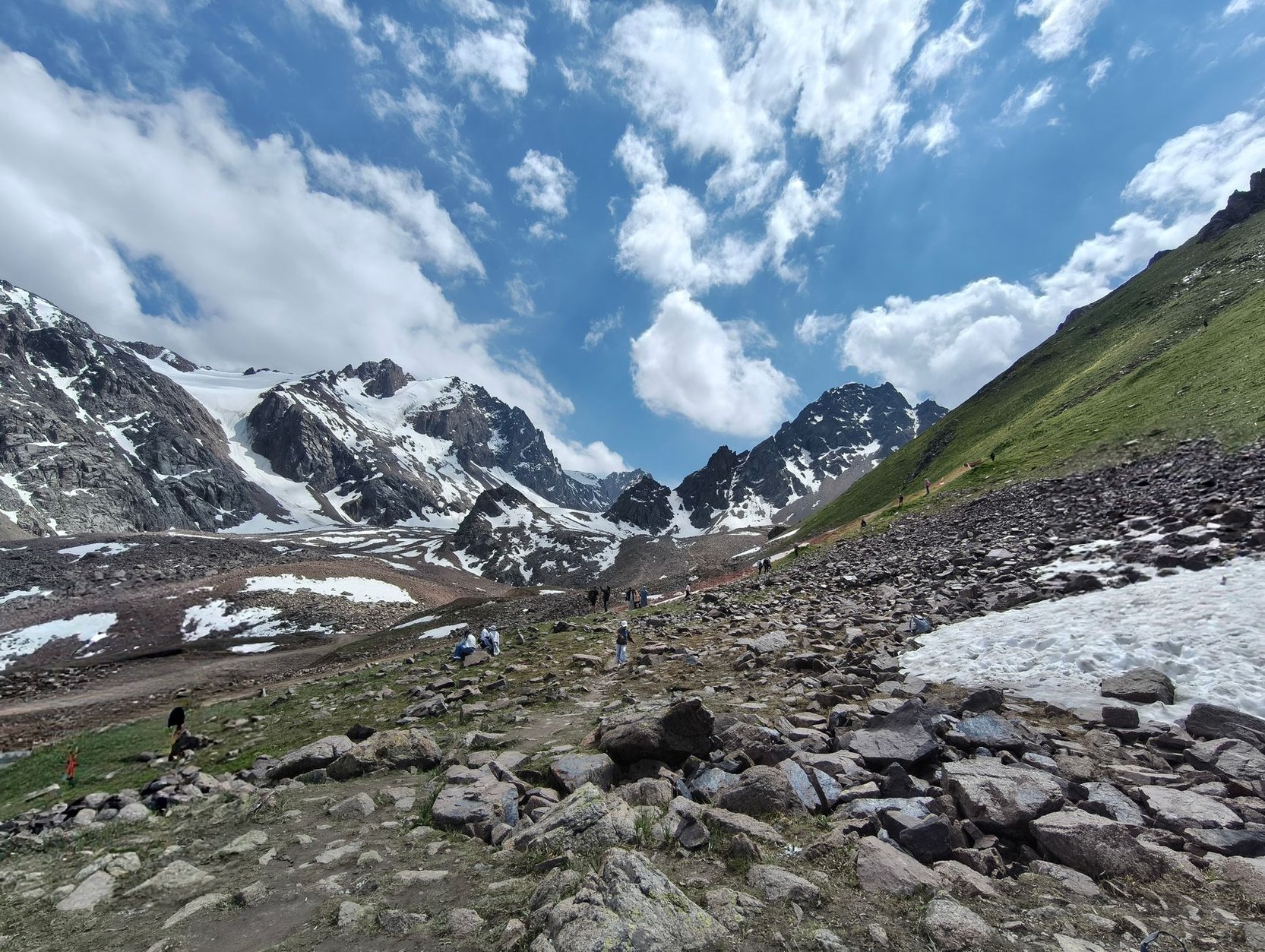 Rugged alpine river gorge and glaciated jagged peaks in Ala Archa National Park near Bishkek, Kyrgyzstan