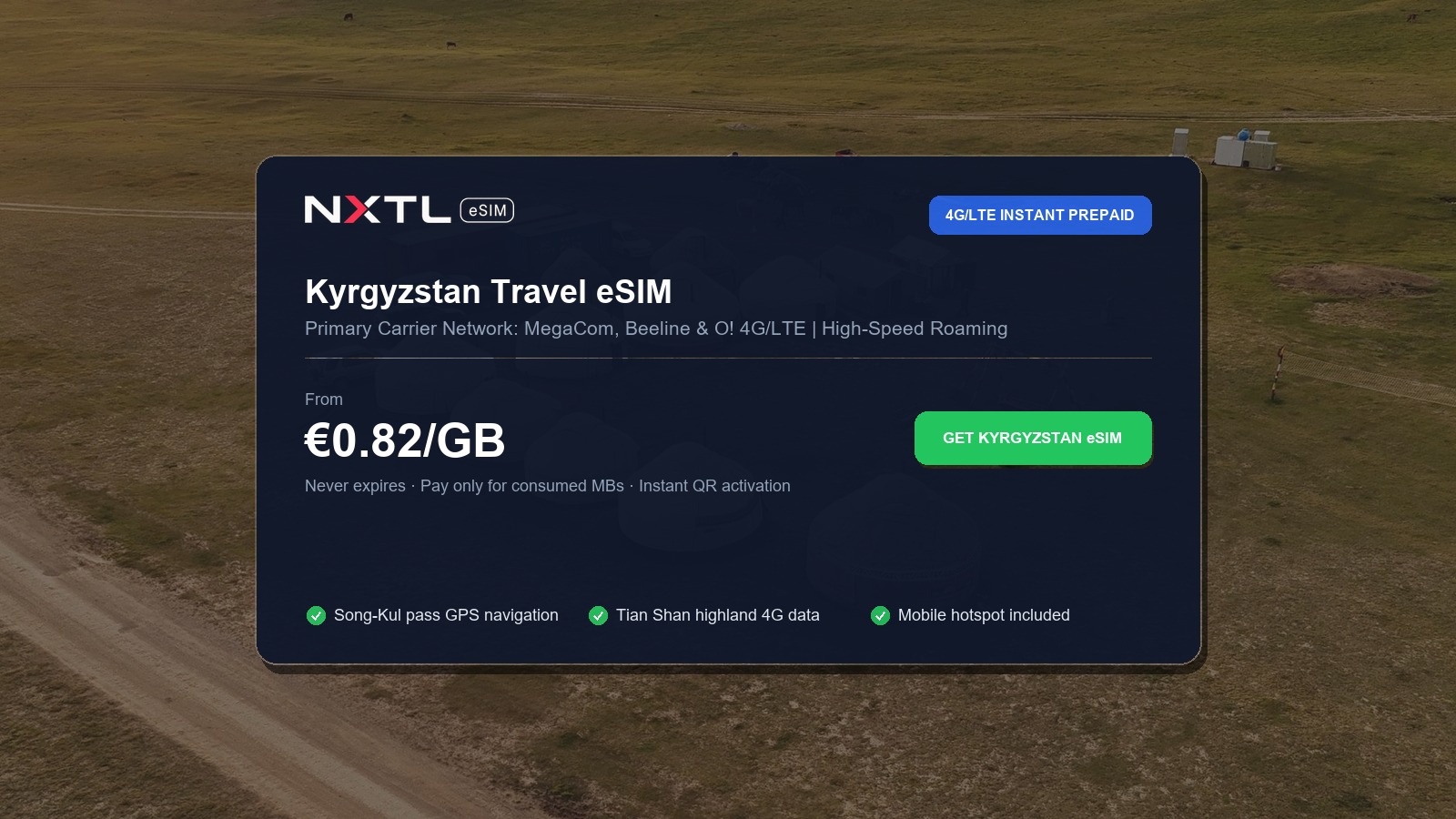 NXTL Global eSIM — one reusable eSIM for 180+ countries with high-speed data across Kyrgyzstan