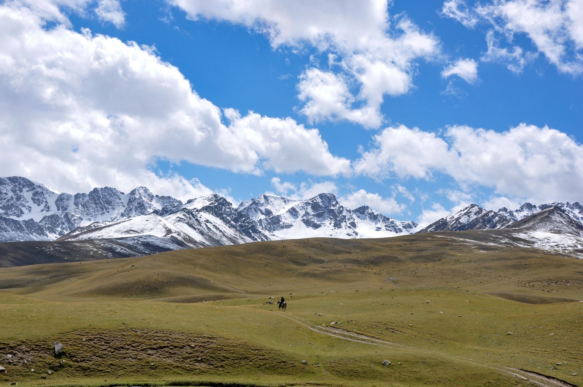 Horseback riders traversing high alpine mountain pastures under sweeping skies in the Tian Shan mountains