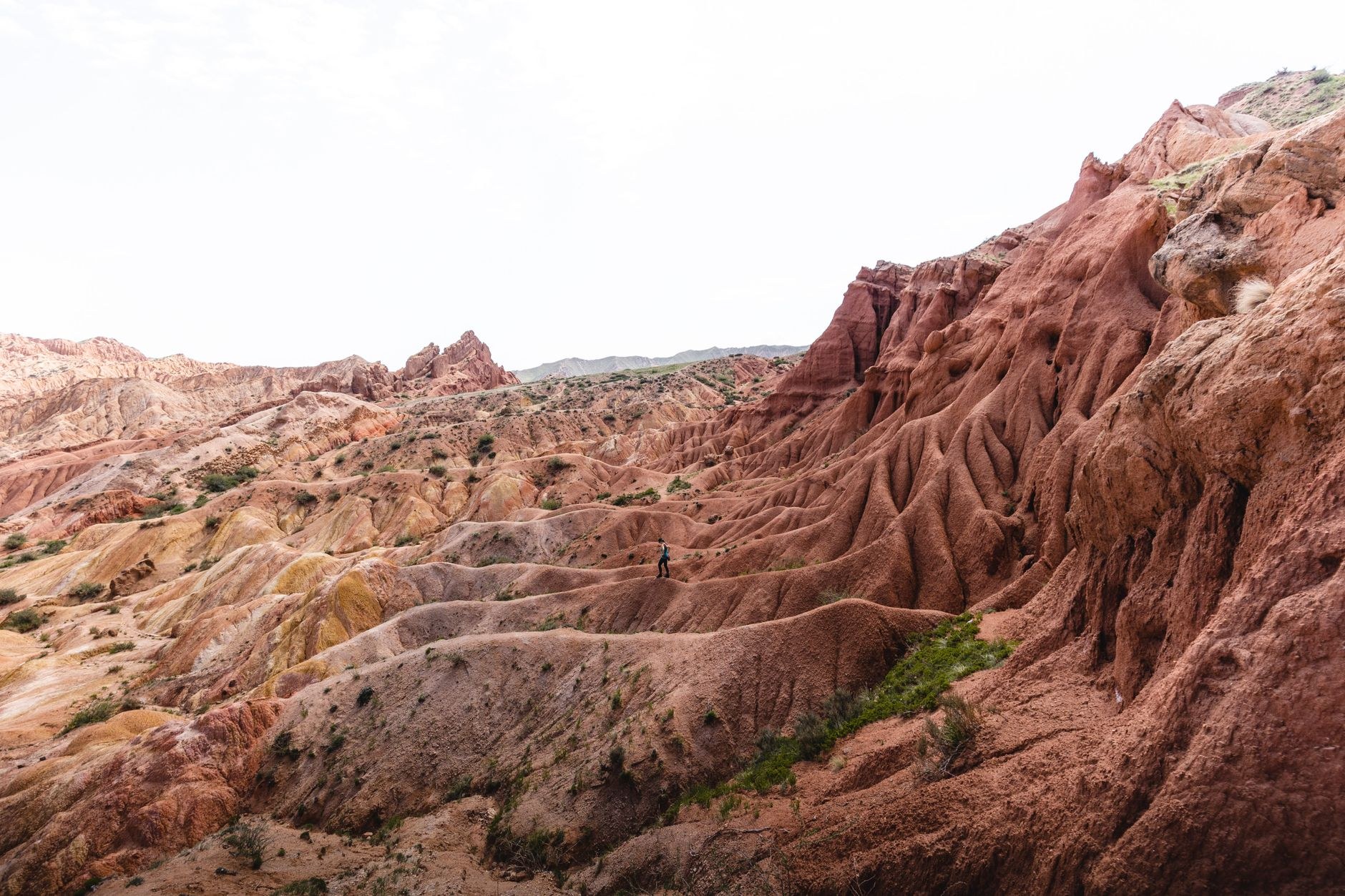 Striking red and orange eroded sandstone spires and labyrinthine ridges at Skazka Fairy Tale Canyon in Kyrgyzstan
