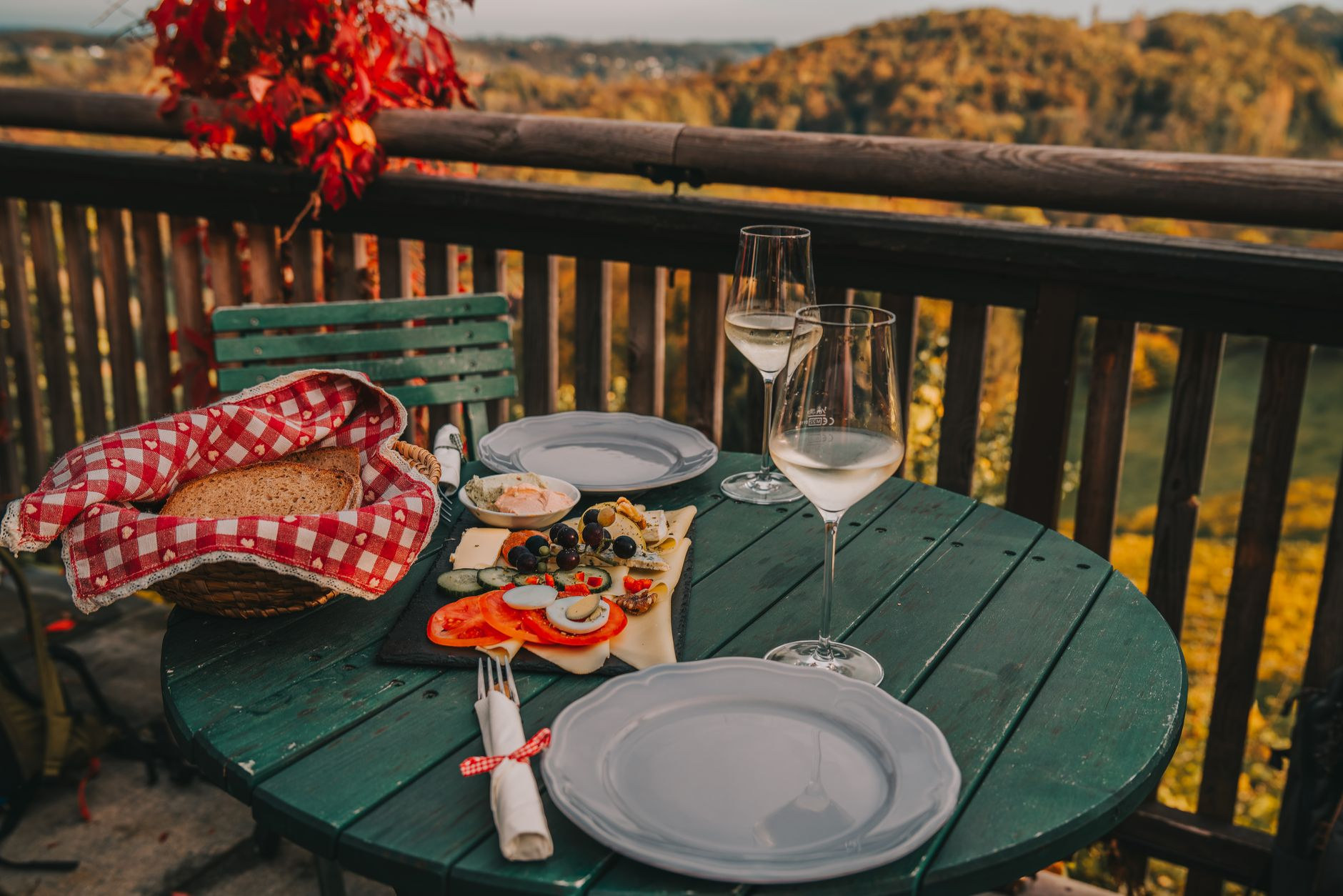 Wine tasting setting overlooking sunlit terraced vineyards in an alpine river valley
