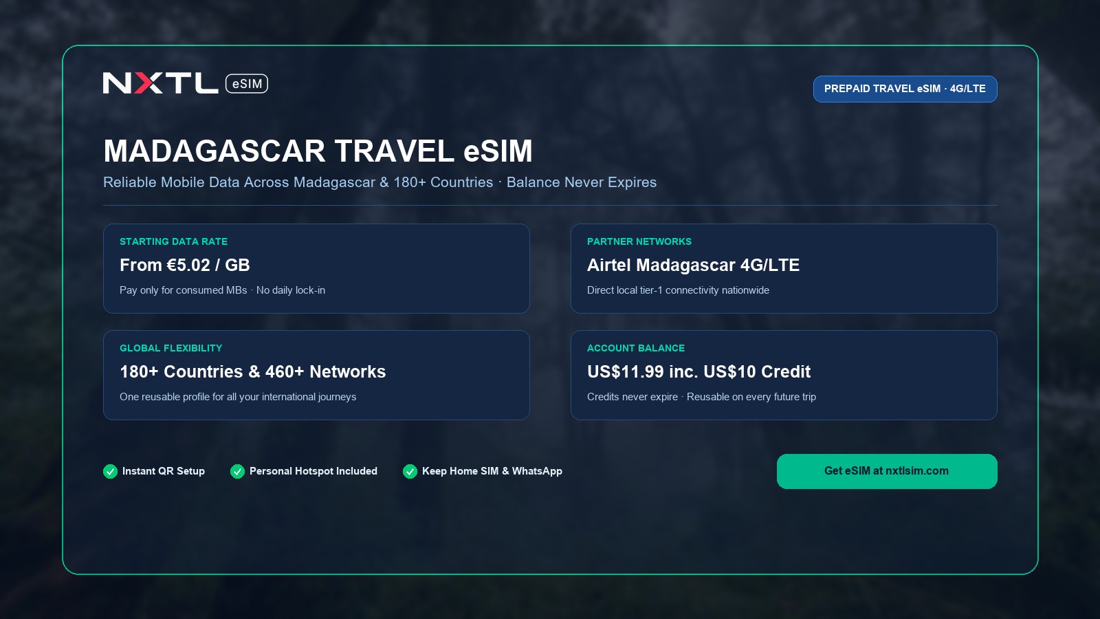 NXTL Madagascar Travel eSIM prepaid data plan starting at $5.67 per gigabyte with high-speed 4G network access