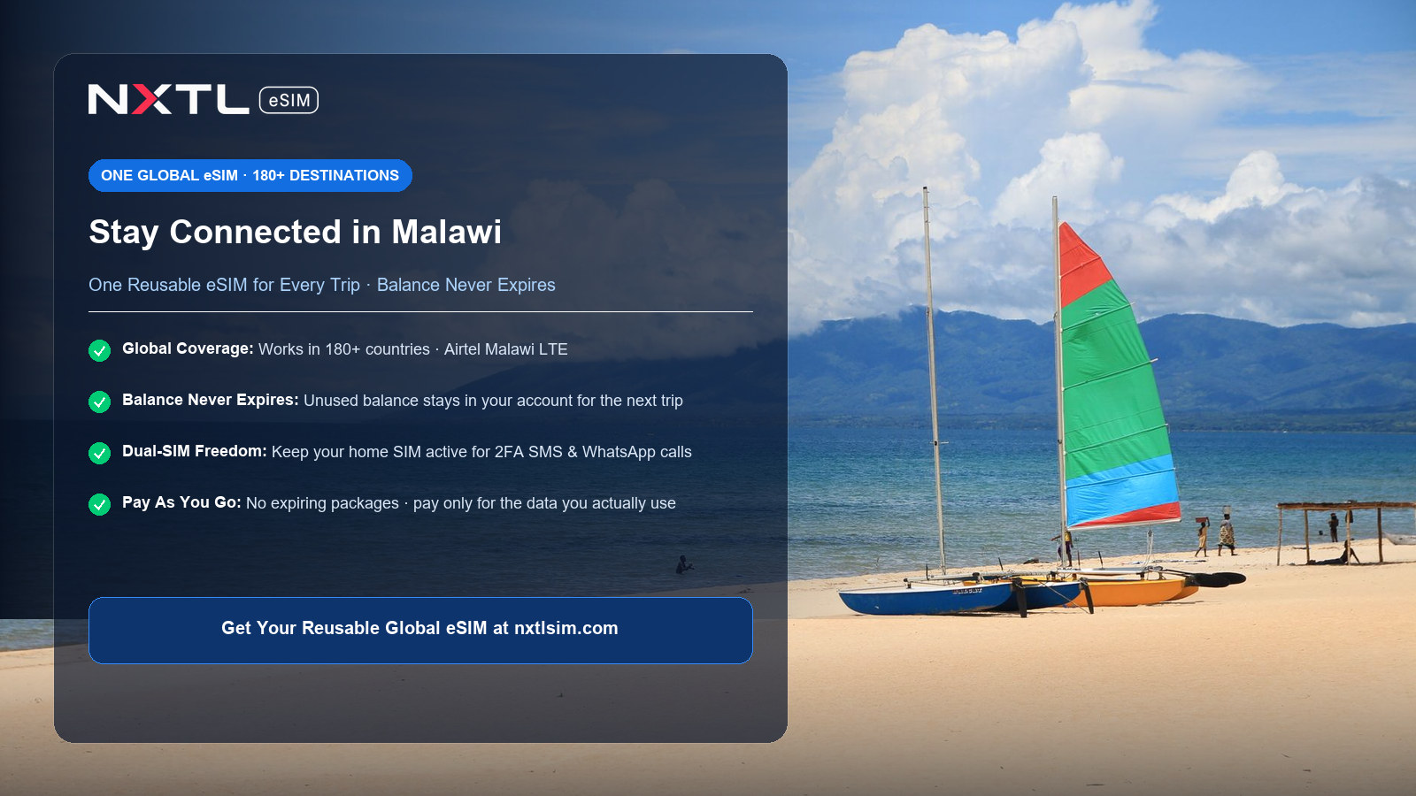 NXTL Malawi Travel eSIM mobile data card featuring 4G LTE network coverage on Airtel with non-expiring balance