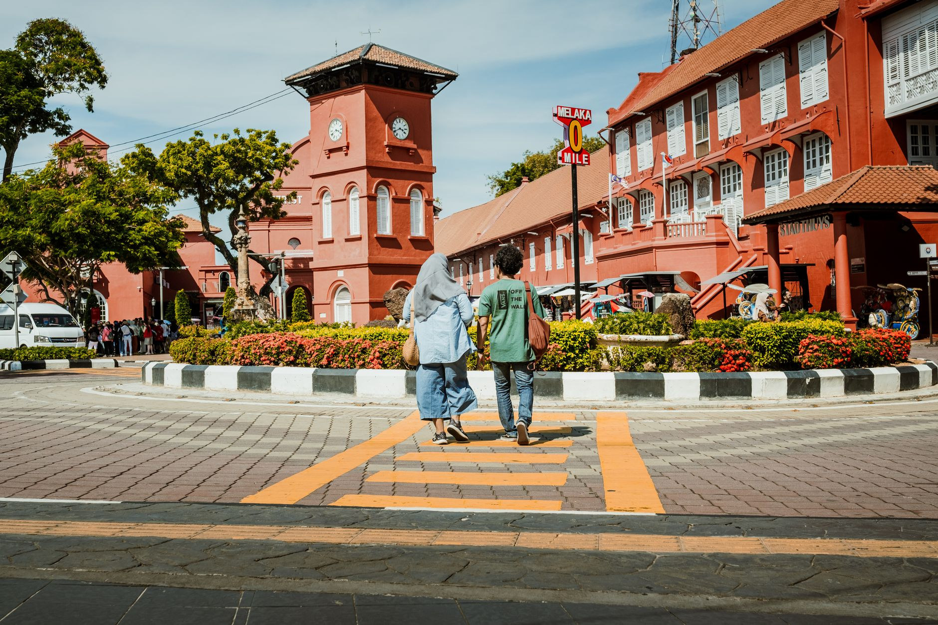 Historic terracotta architecture along the Melaka riverfront