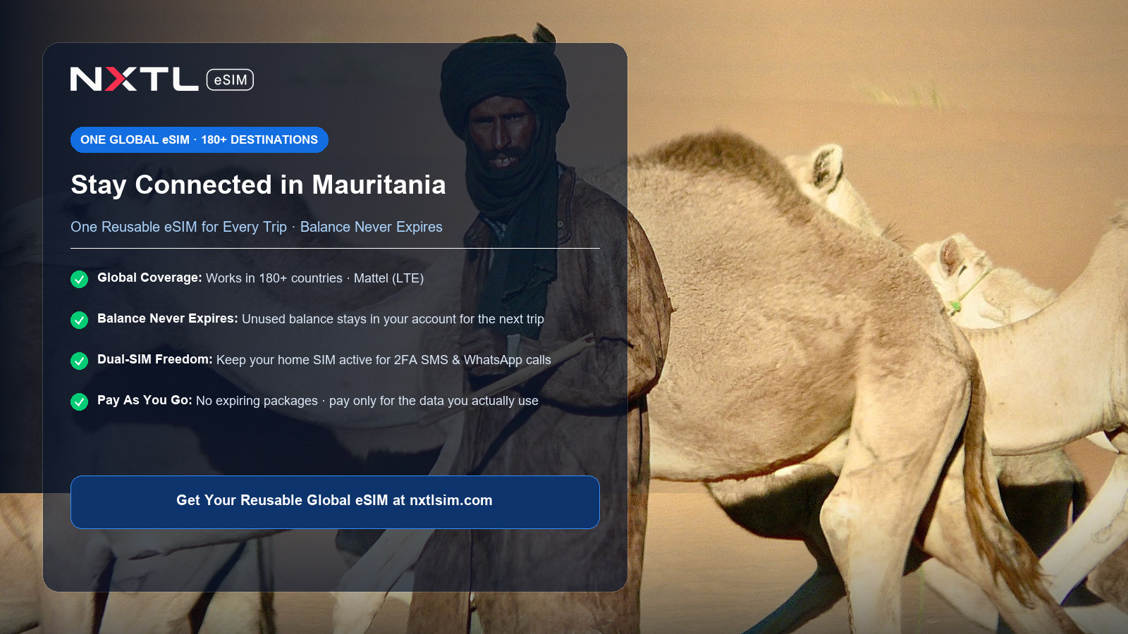 NXTL Mauritania Travel eSIM card showing fast LTE mobile data connectivity on the Mattel network