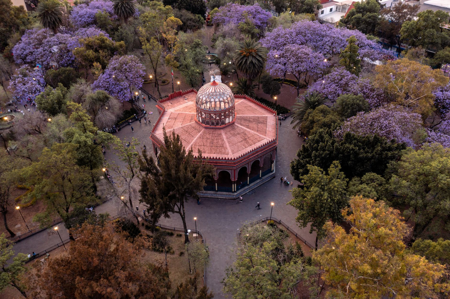 Kiosco Morisco among trees in Santa María la Ribera, Mexico City