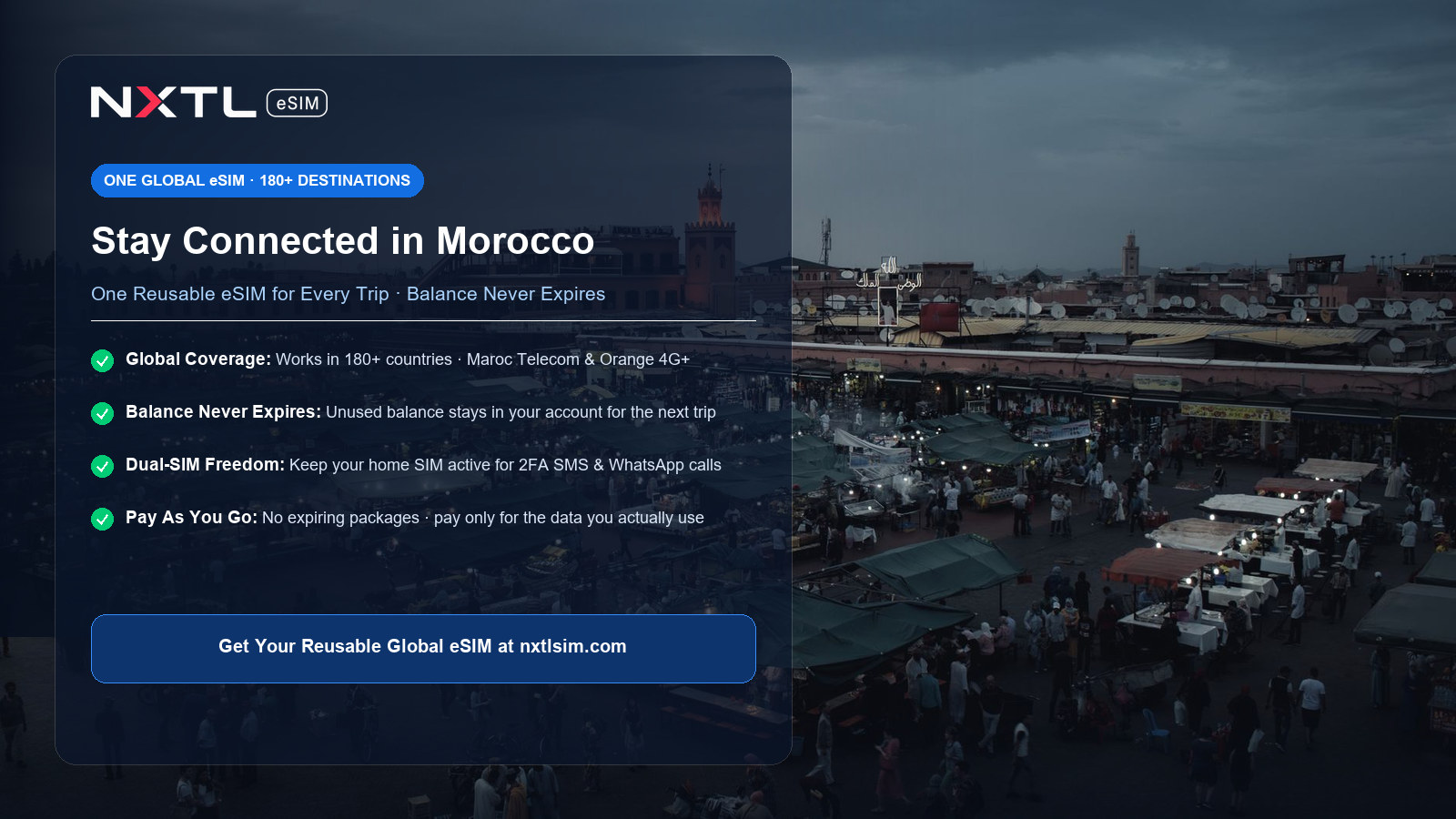 NXTL Global eSIM — one reusable eSIM for 180+ countries with high-speed data across Morocco