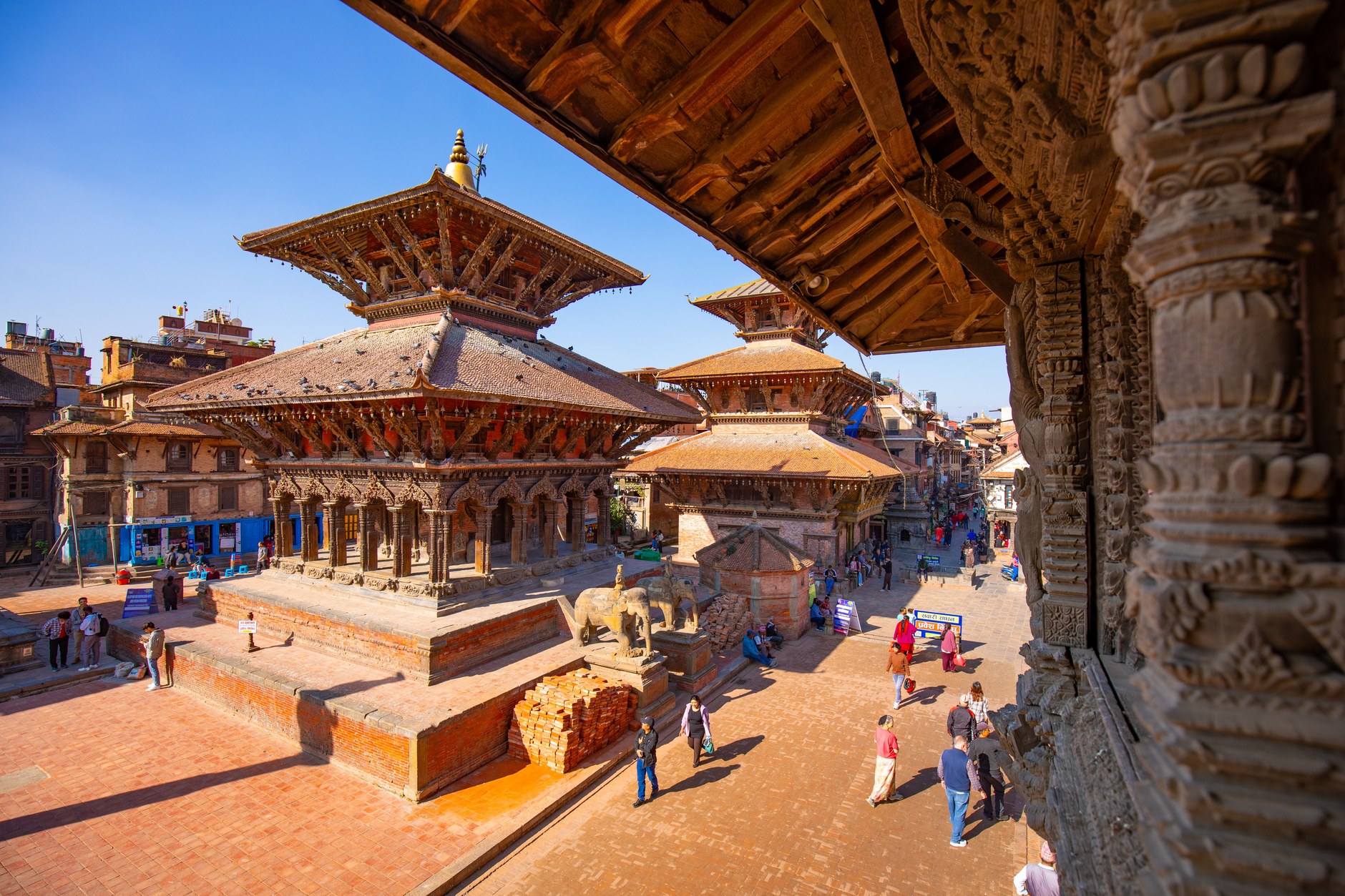 Preserved multi-tiered terracotta temples and stone carvings of Bhaktapur Durbar Square