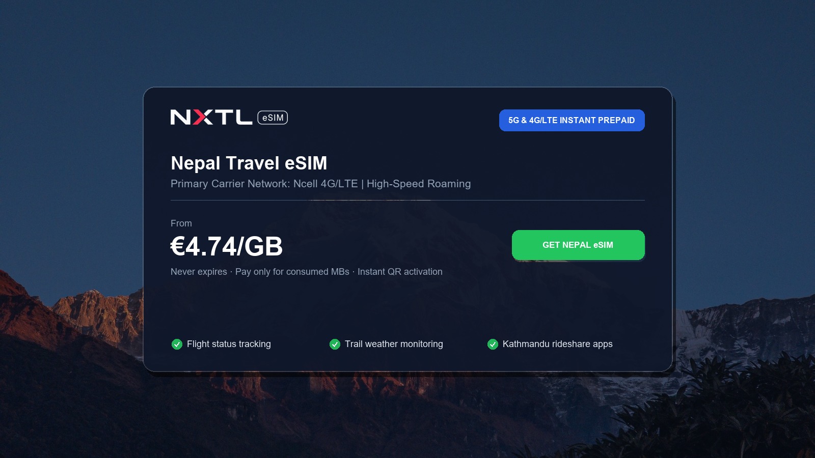 NXTL Nepal prepaid travel eSIM high-speed coverage options across Kathmandu, Pokhara, and Annapurna
