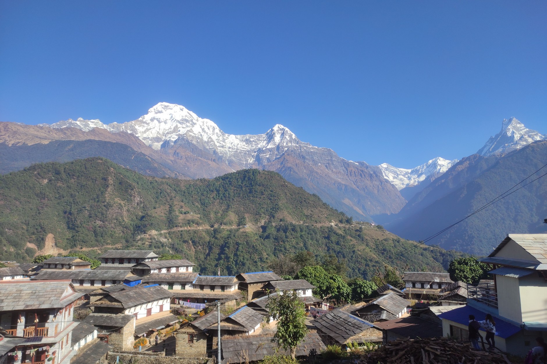 Traditional slate-roofed stone houses and terraced fields of the Gurung village of Ghandruk