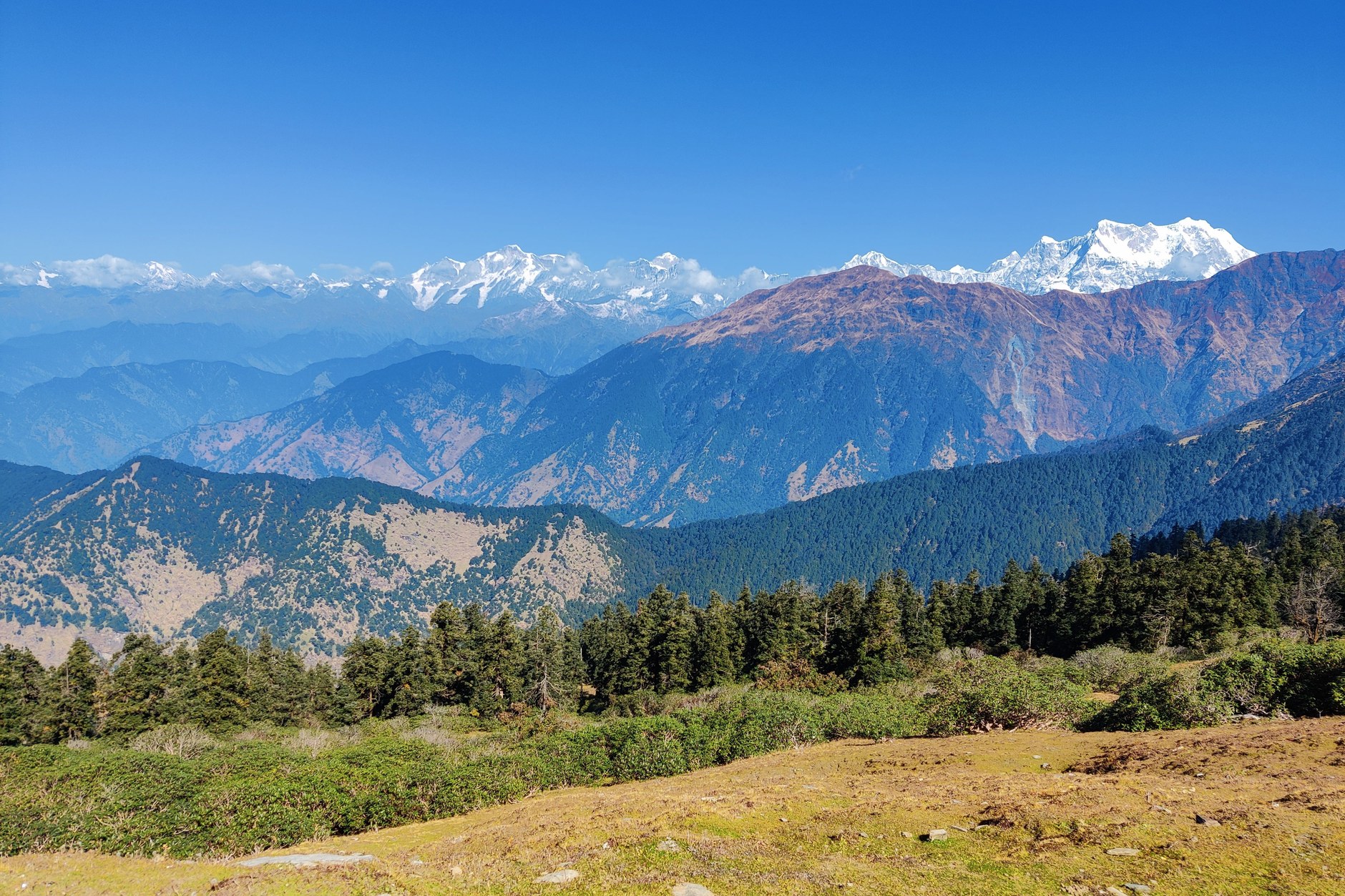 Trekkers gathered at Poon Hill summit watching morning light hit Dhaulagiri and Annapurna peaks