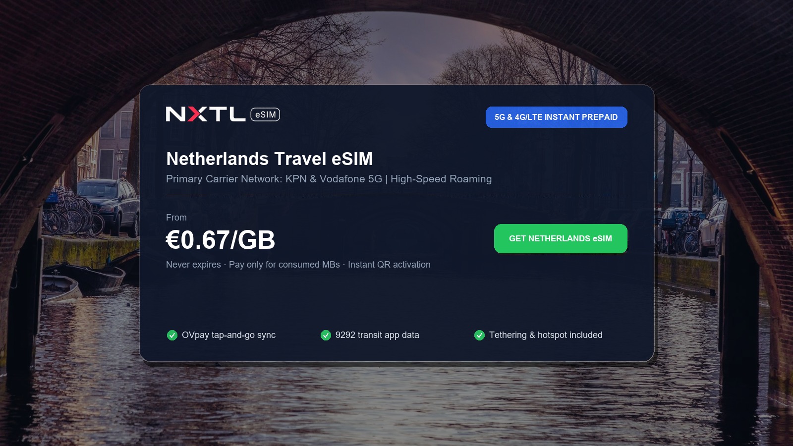 NXTL Netherlands prepaid travel eSIM high-speed coverage options across the Dutch rail network
