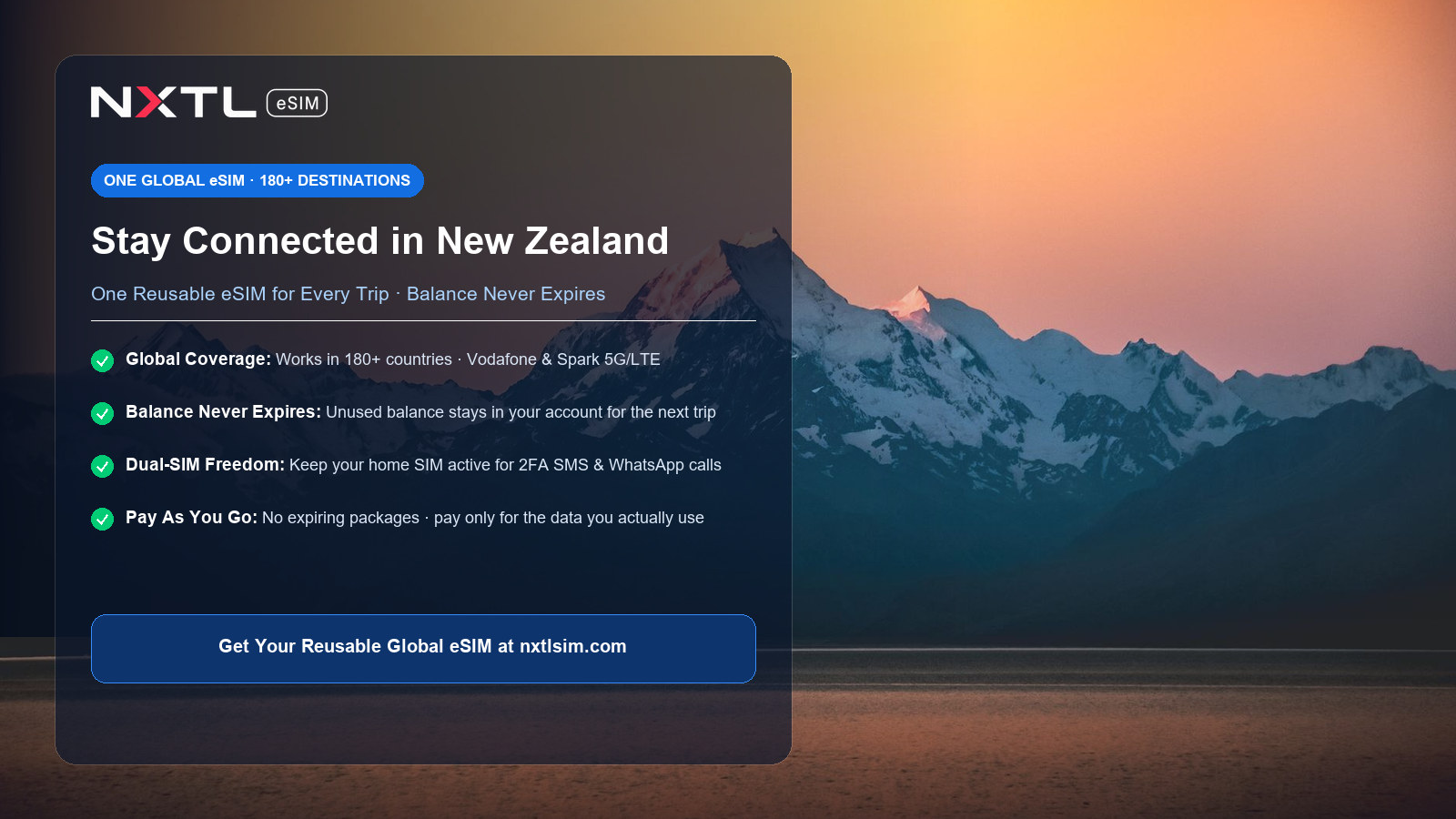 NXTL Global eSIM — one reusable eSIM for 180+ countries with high-speed data across New Zealand