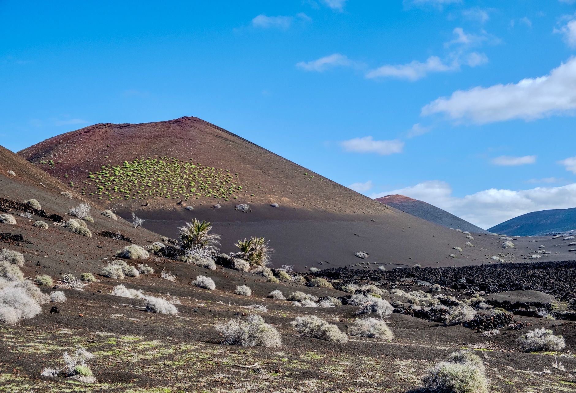 Hikers carrying wooden boards across the stark black volcanic cinder slopes of active Cerro Negro volcano