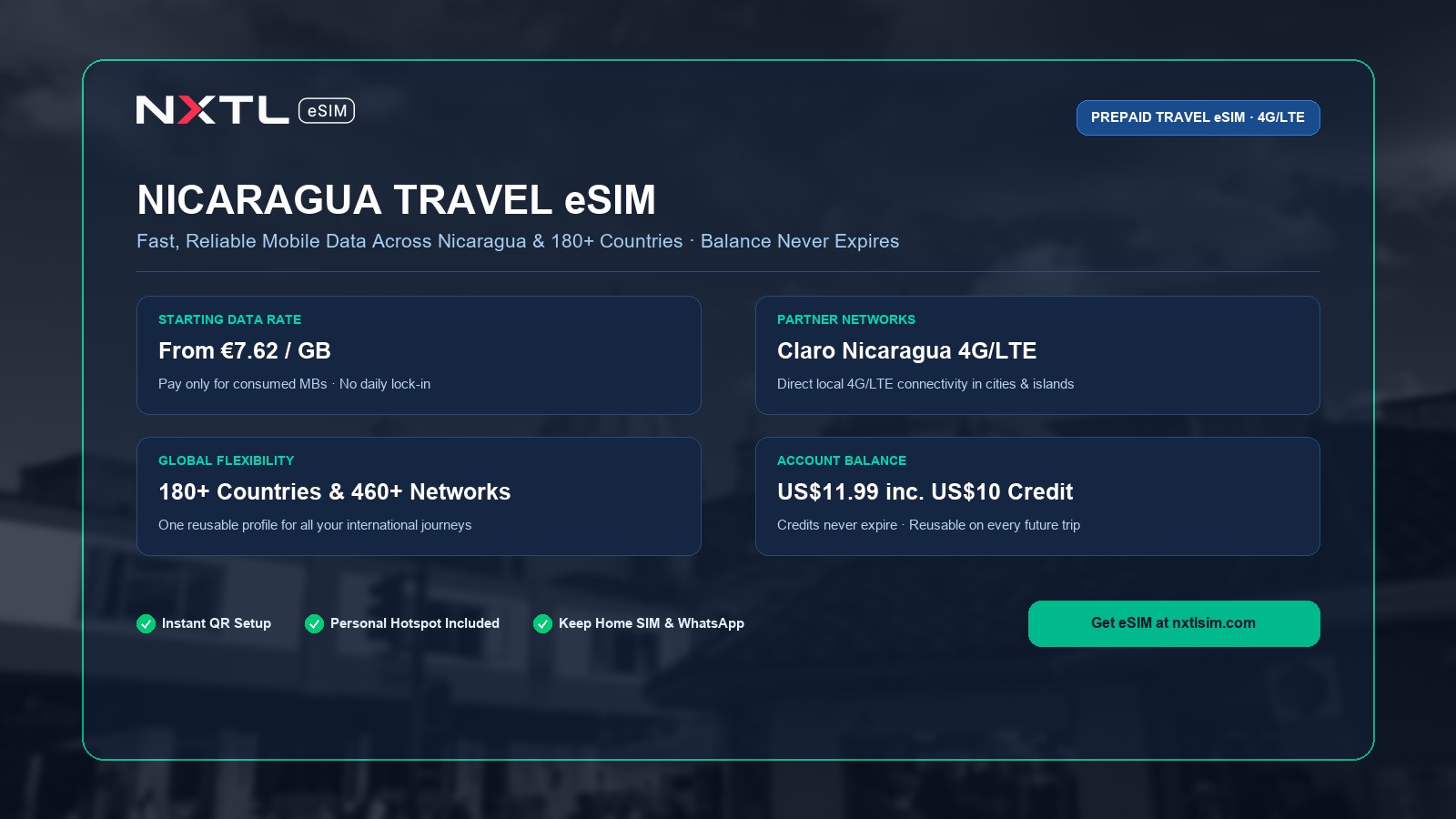 NXTL Nicaragua Travel eSIM prepaid data plan starting at $8.61 per gigabyte with high-speed 4G network access
