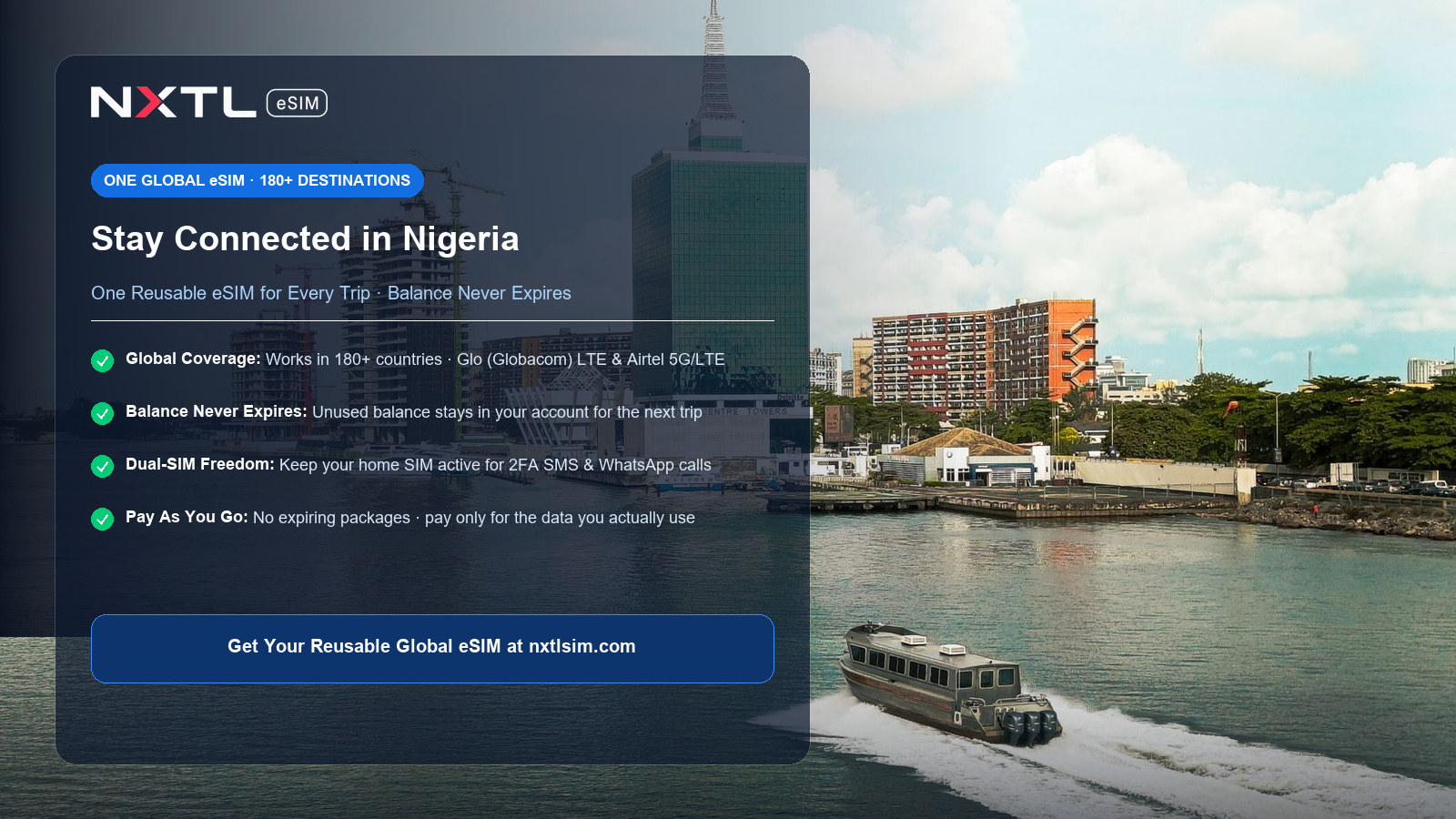 NXTL Nigeria Travel eSIM mobile data card featuring 4G and 5G network coverage on Glo and Airtel with non-expiring balance