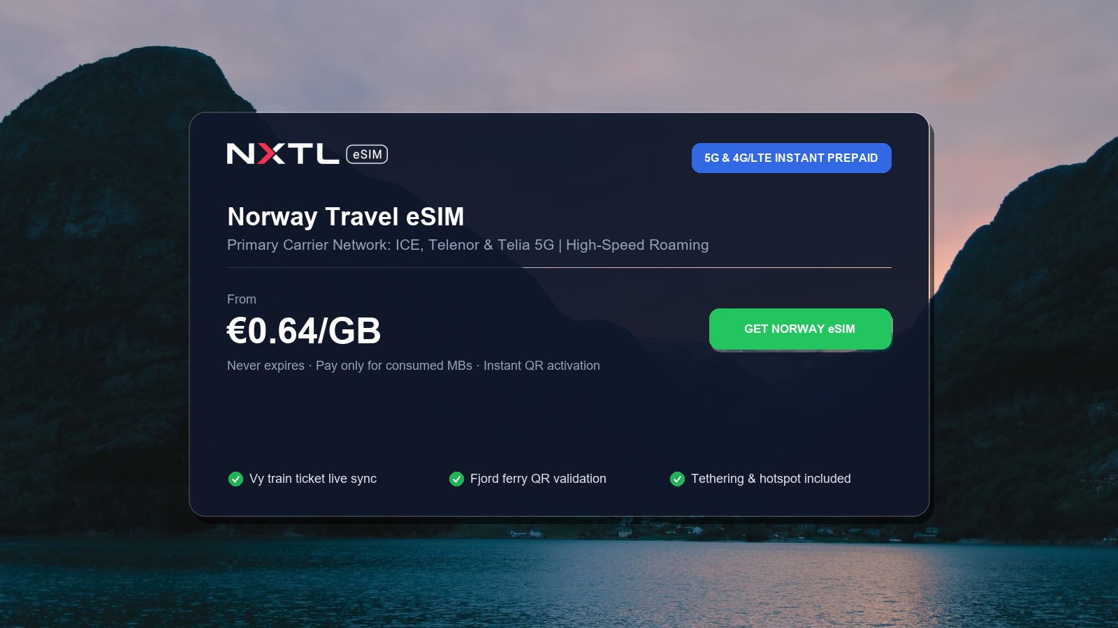 NXTL Norway prepaid travel eSIM high-speed coverage options across western fjords and rail routes
