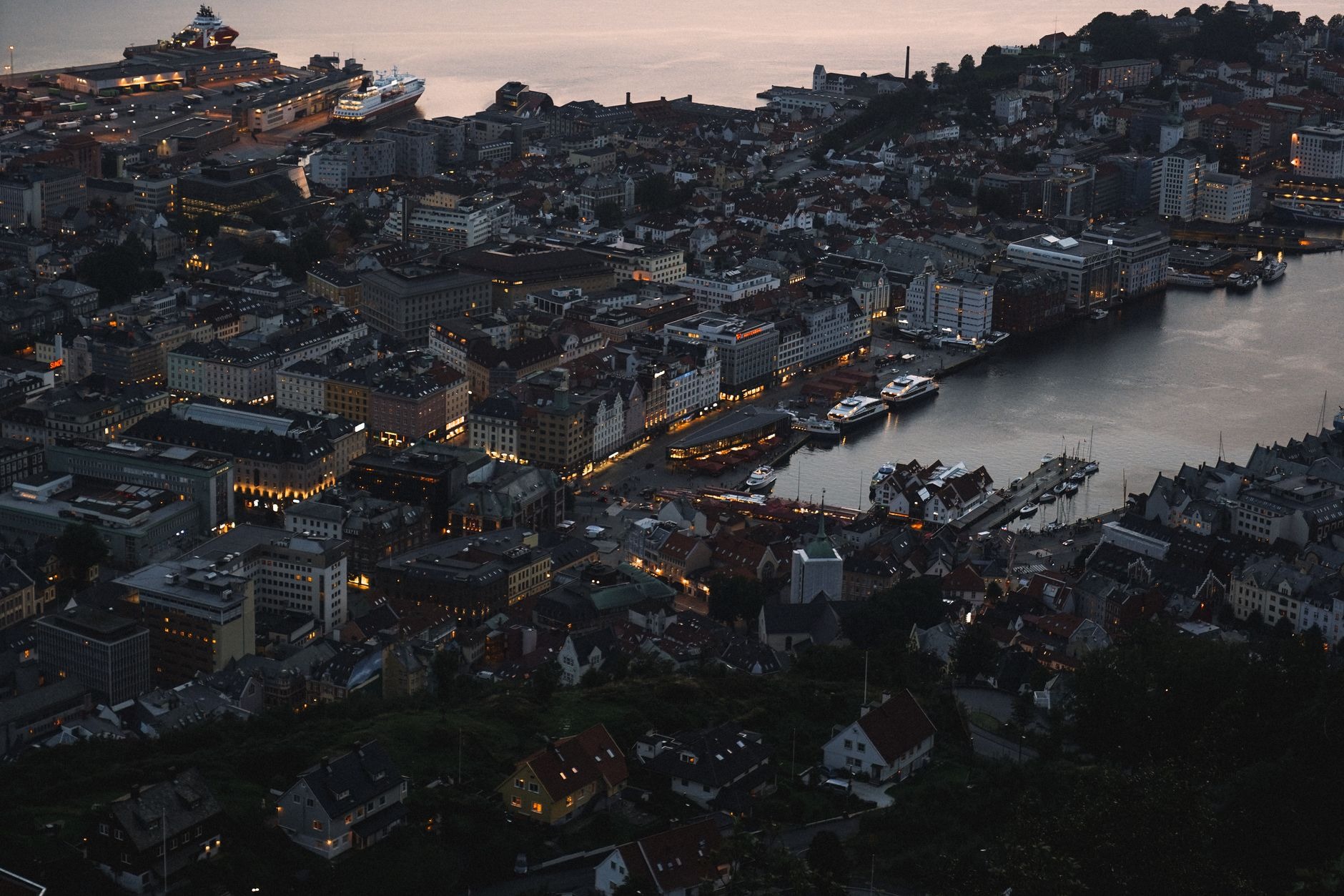 Panoramic view of Bergen harbor and coastal islands from Mount Floyen observation deck