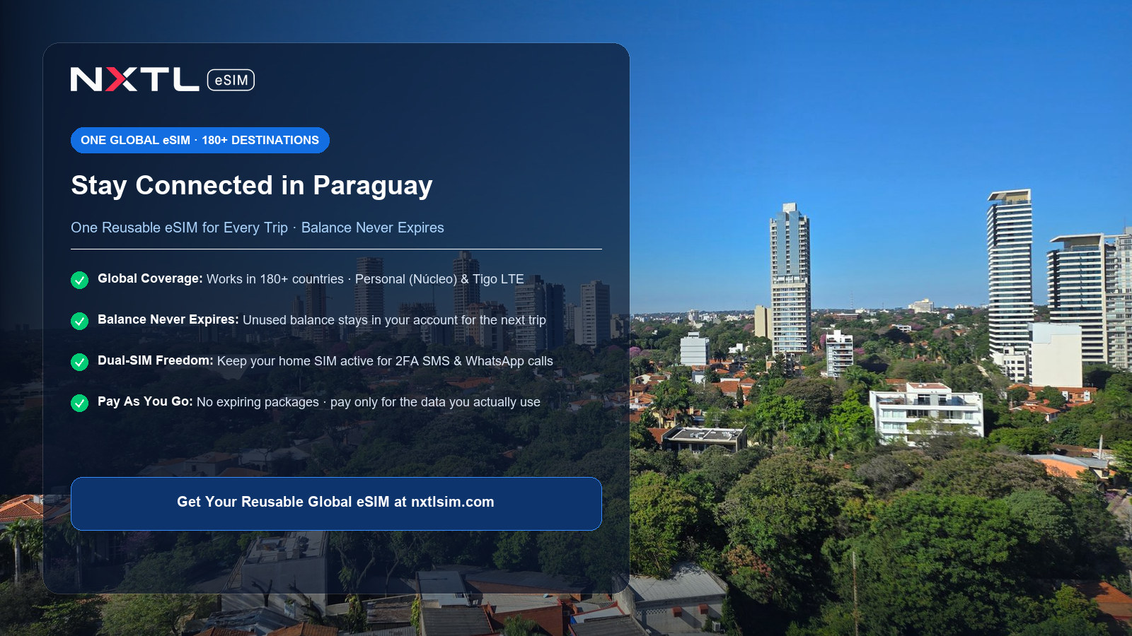 NXTL Paraguay Travel eSIM mobile data card featuring 4G LTE network coverage on Personal and Tigo with non-expiring balance