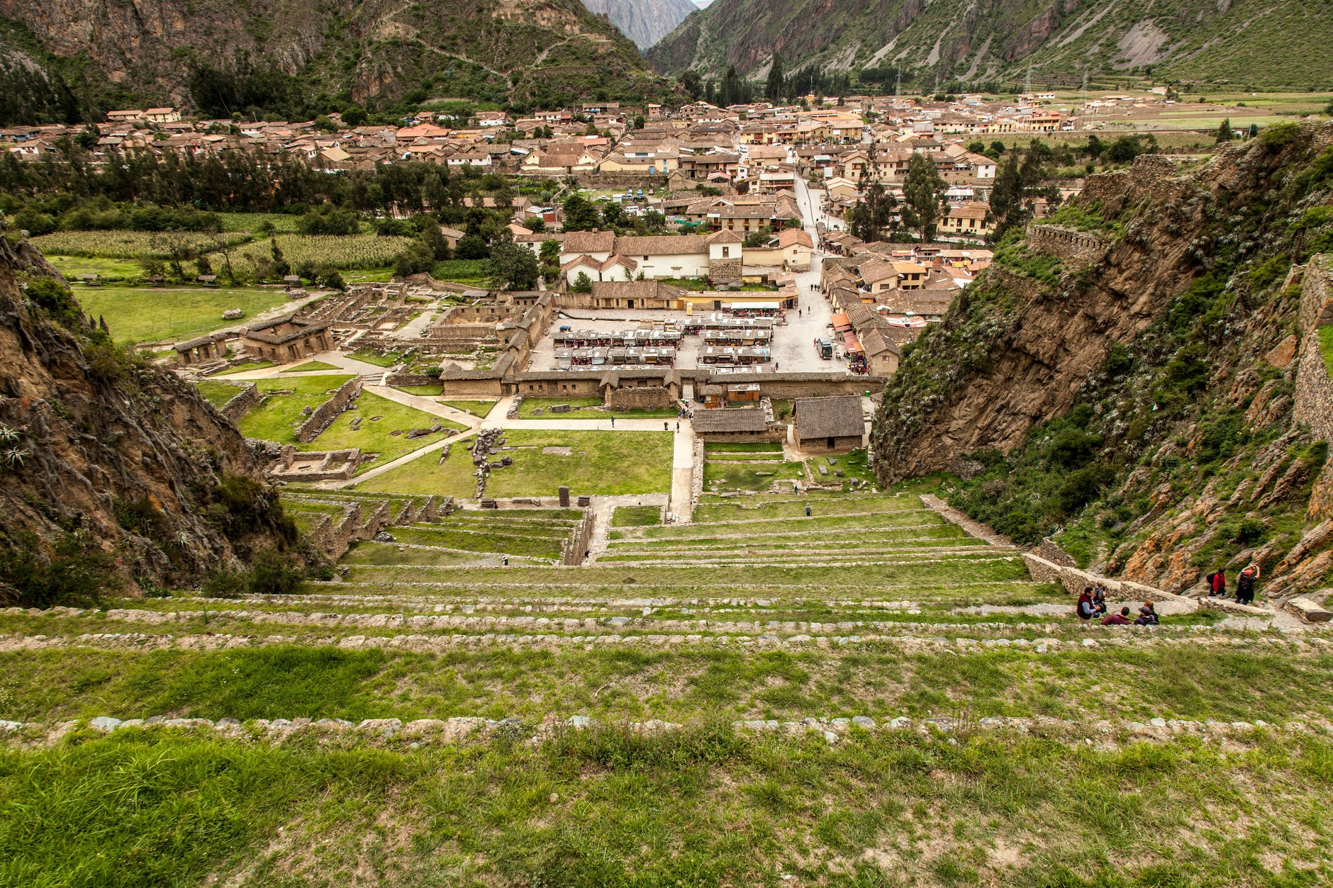 Massive stone agricultural terraces and sun temple ruins of Ollantaytambo fortress