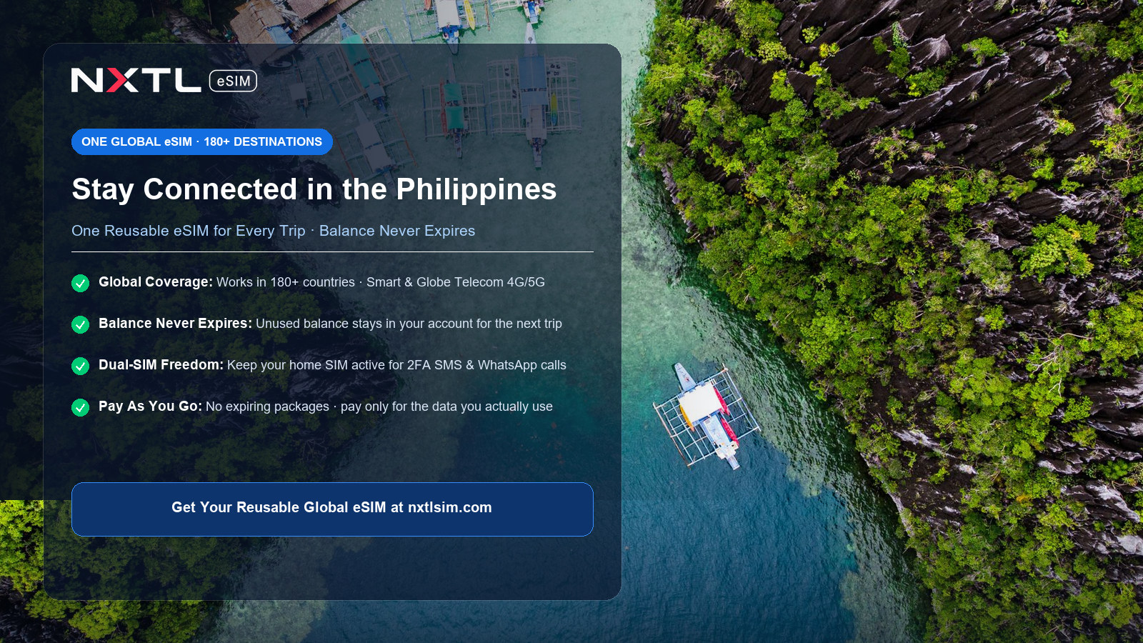 NXTL Global eSIM — one reusable eSIM for 180+ countries with high-speed data across Philippines