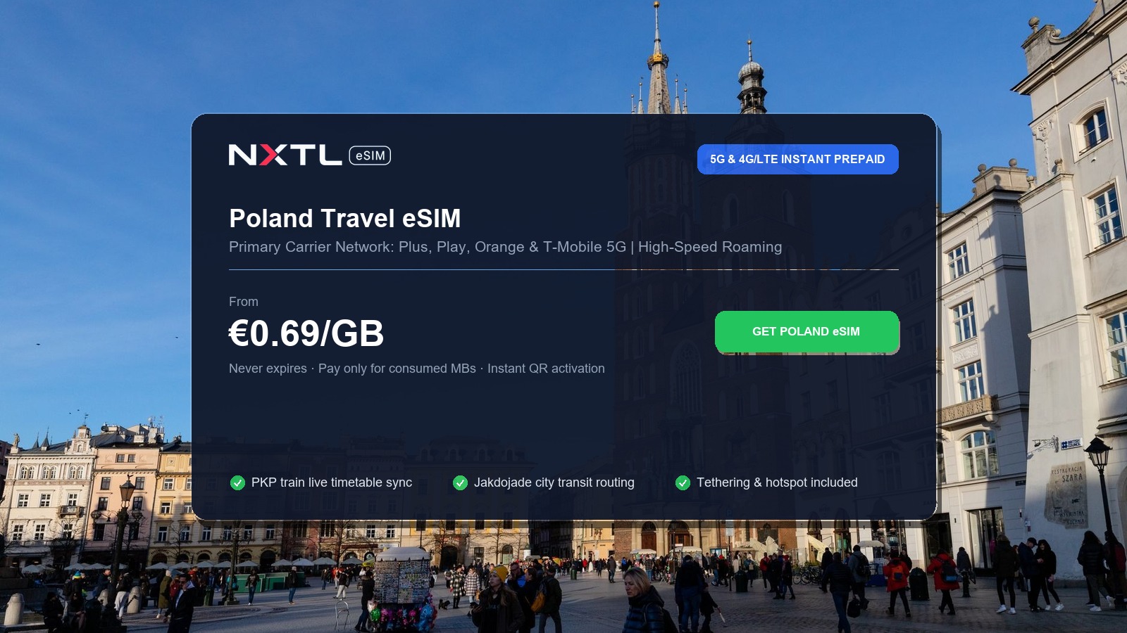 NXTL Poland prepaid travel eSIM data package options and instant 5G cellular network connectivity across Krakow, Warsaw and Gdansk
