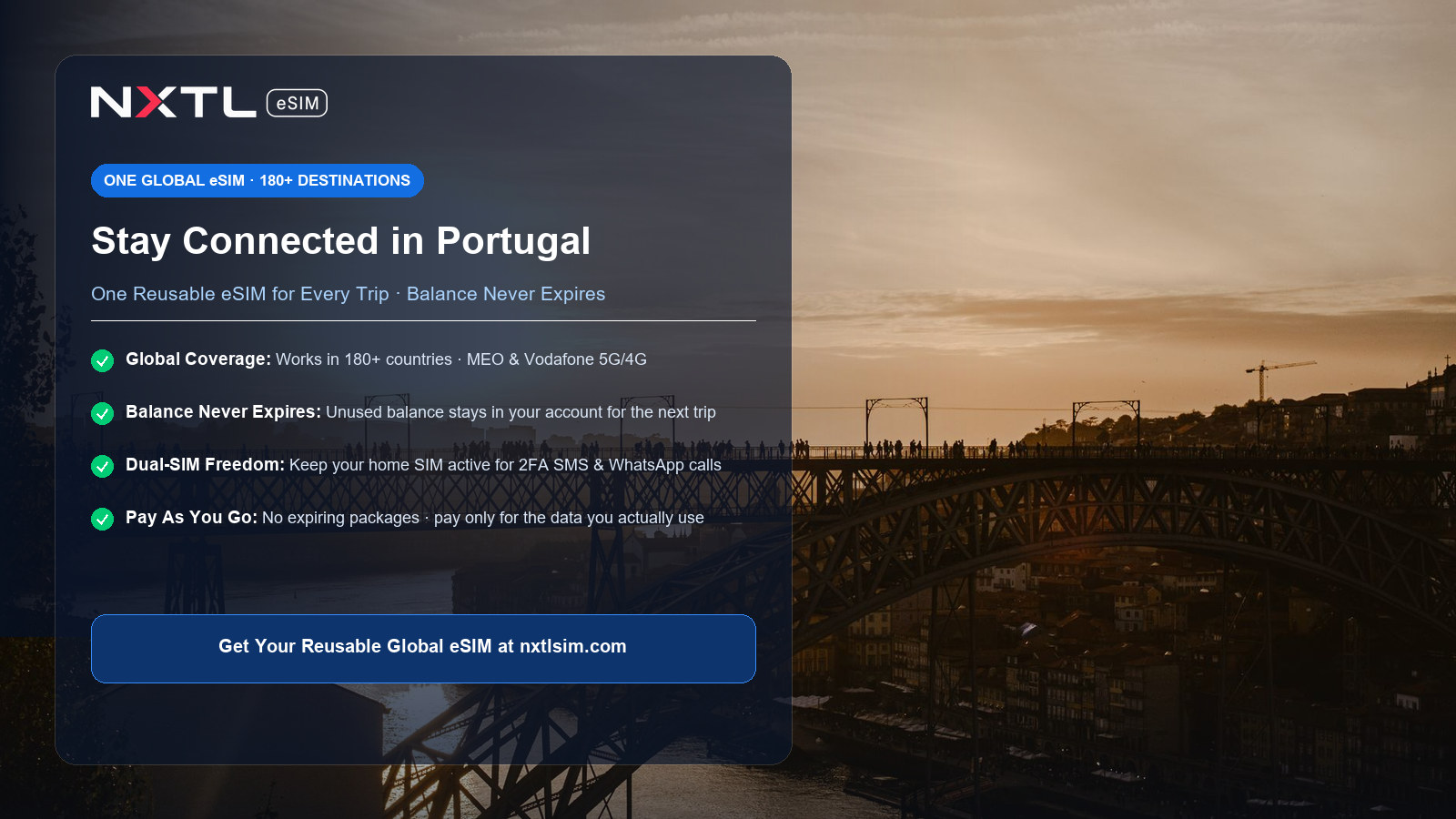 NXTL Global eSIM — one reusable eSIM for 180+ countries with high-speed data across Portugal